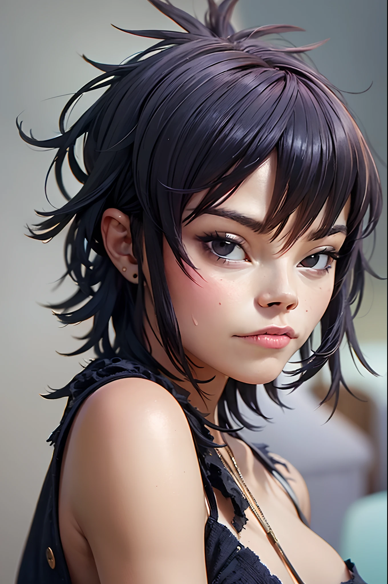 (masterpiece, best quality:1.2), noodle (gorillaz), black hair, 1girl, short hair, streaked hair, black eyes, multicolored hair, looking at viewer, bangs, parted lips, breasts, small breasts, bob cut, blush, lipstick, attractive gothic girl, aestetic body, medium tits,gothic aesthetics, dark blue, fog, haze, shadows, lighting effects, mysterious appearance, high contrast, stone cave walls in the background, detailed face, ultra detail, hyperrealism,