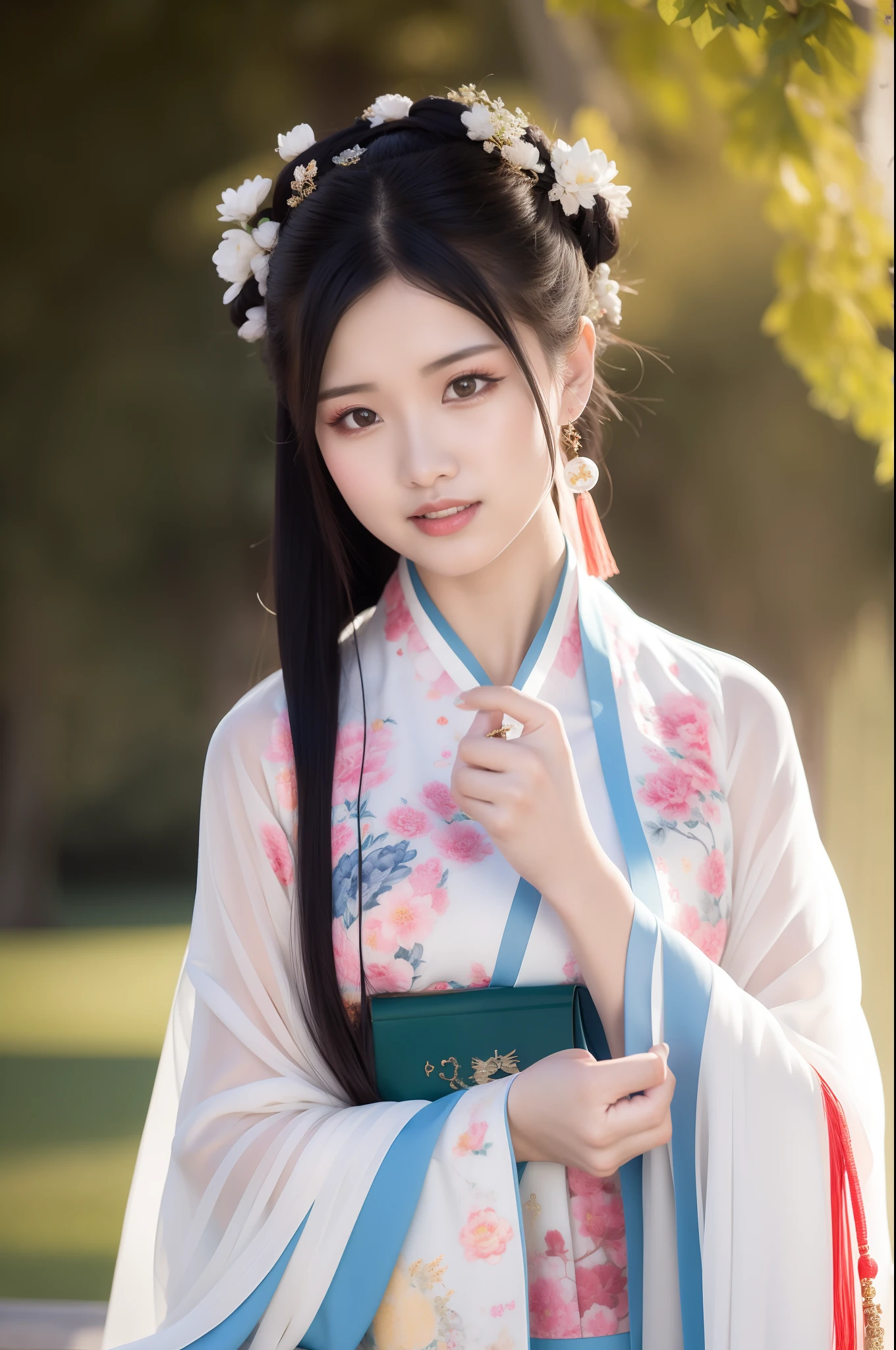 Arafard asian woman in white and blue dress，Holding a green purse in his hand, Palace ， A girl in Hanfu, Wearing ancient Chinese clothes, Chinese girl, White Hanfu, Traditional Chinese clothing, Hanfu, Chinese costume, with acient chinese clothes, Chinese traditional, Chinese woman, ancient chinese beauti, Traditional beauty, Beautiful Asian girl, Chinese style, Chinese dress