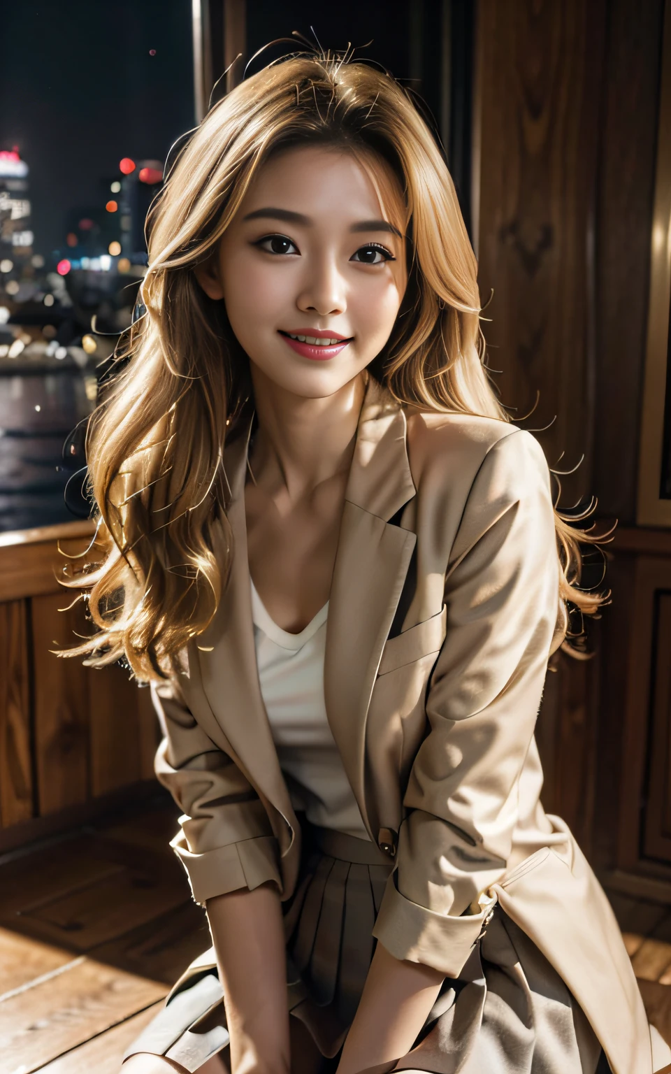 （8K， best qualtiy， tmasterpiece： 1.2）， （photorealestic， realisticlying： 1.2）， adolable， 独奏， The sky is beautiful and clear， the night， dampness， watch audience， （Sat down： 1.5）， Date， mirai， （nose brush），（ssmile：1.15），（Mouth closed）little breast，Delicate eyes，（Deep blonde：1），（Long curly blonde hair：1.1），Floating hair NovaFrogStyle， black suit jacket，Button T-shirt，Beige pleated skirt，putting makeup on，Lover's smile，Lovingly，（8K, yes，RAW photos：1.2