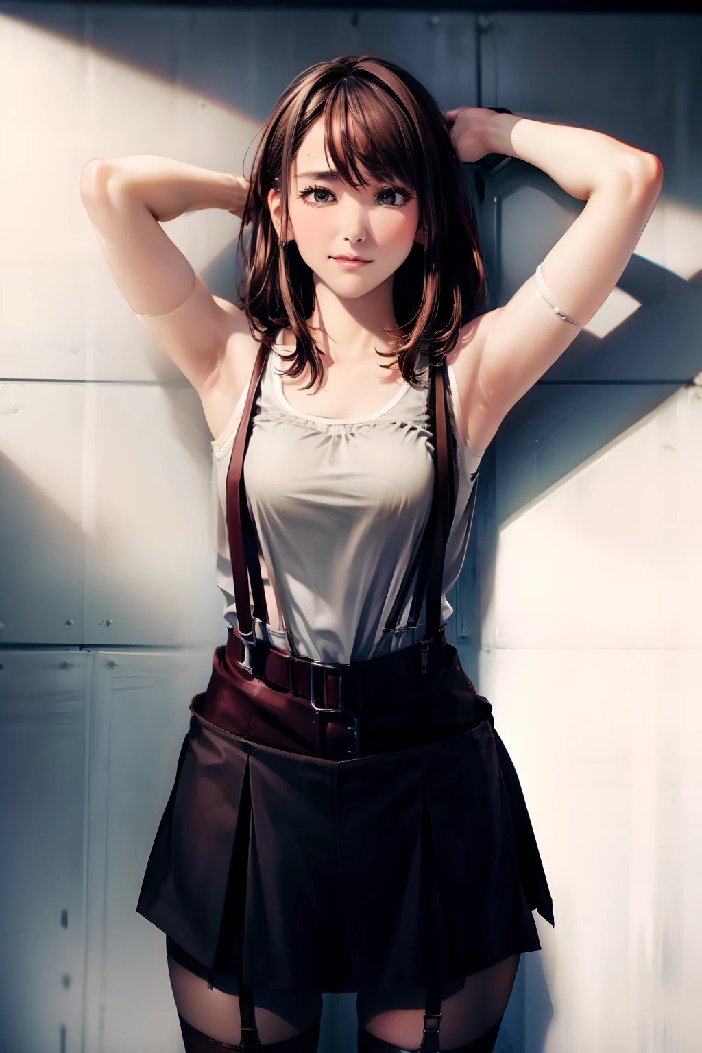 skirt by the, Tank Tops suspenders, Brown hair short, Gray eyes, Garter belt on the legs, Big and tight clothes, a belt Armpit sweat deadpan