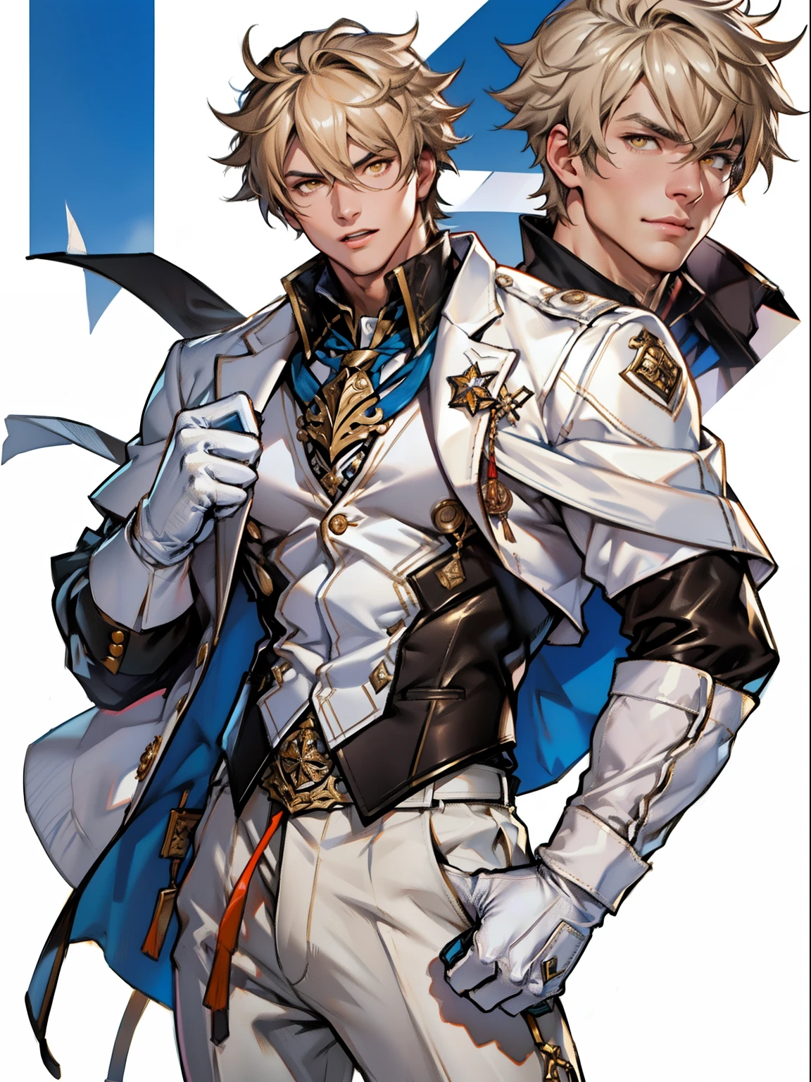 tmasterpiece，Best quality at best，（Genshin Impact），mitts，Bulging muscles，(white business suit，Casual wear tie）Pectoral muscle bulge，White gloves，Abs，malefocus，（The upper body exposes the abs），1boy，White gloves，独奏，Brown hair，Yellow eyes，blue capelet，hair between eye，（（Bulging crotch）），Sexy,(Masterpiece, Best quality),（white business suit），self-assured，having fun，big laughter，white pantie, stand-up collared shirt, tiese, waistcoat, Eight-pack abs, White leather mobile phone gloves, White trousers, Leather belt, spreading long thin legs, The erection,