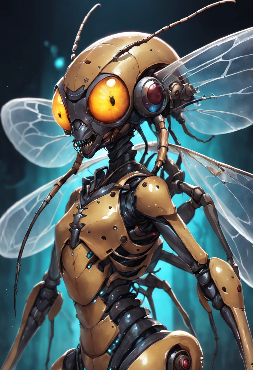there is a very strange looking alien with glowing eyes, ant humanoid, insectoid, ant alien, ant humanoid mechanic, cyborg wasp, a humanoid mosquito, space insect android, steampunk robot ant, portrait of a alien insect, biopunk cyborg wasp, friendly humanoid insect robot, antasy character, metal and glowing eyes, human structure bee concept art