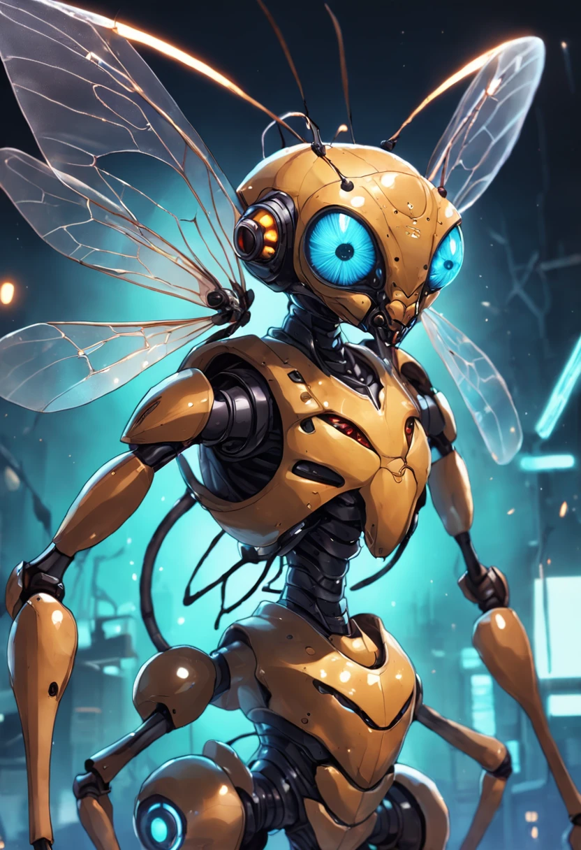 there is a very strange looking alien with glowing eyes, ant humanoid, insectoid, ant alien, ant humanoid mechanic, cyborg wasp, a humanoid mosquito, space insect android, steampunk robot ant, portrait of a alien insect, biopunk cyborg wasp, friendly humanoid insect robot, antasy character, metal and glowing eyes, human structure bee concept art