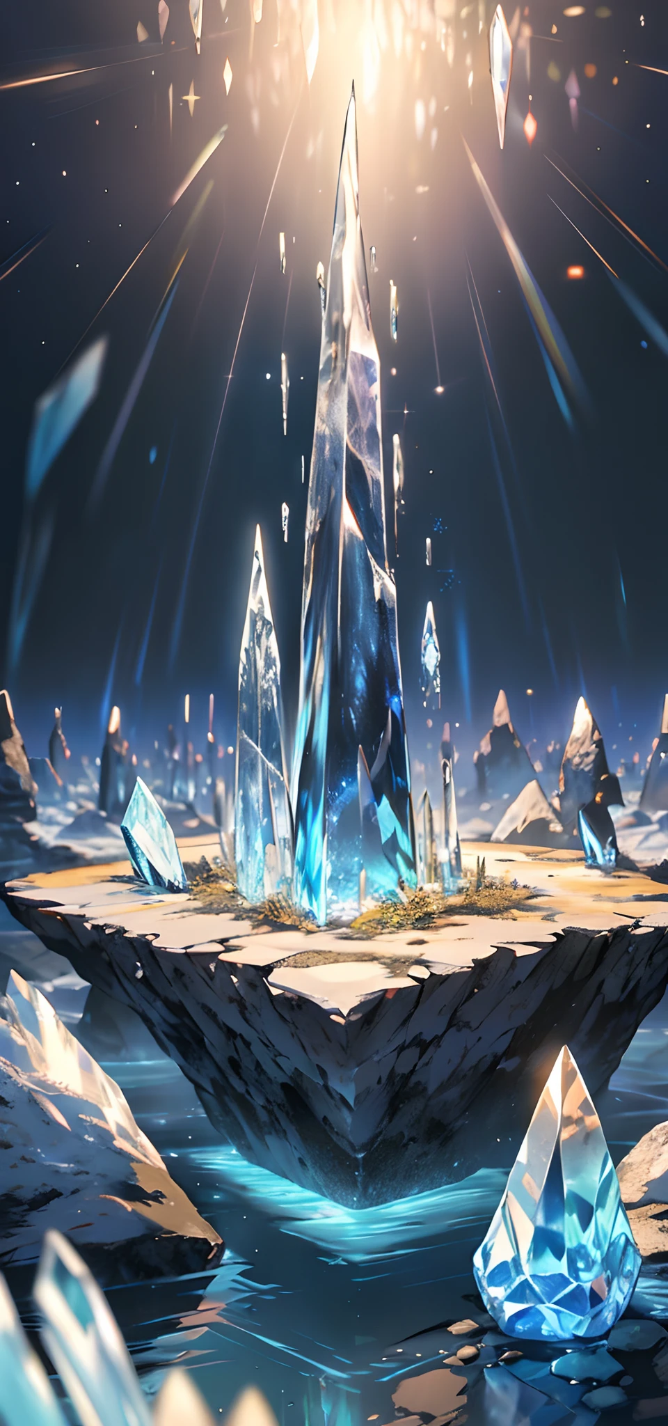 9(masterpiece,bestquality),Land of Crystals,ice field,bright,Shimmering like a diamond, it shines like a crystal,Bright and vivid colors,(depth of fields:1.2),the night,Holy,Light-sensitive,crystal