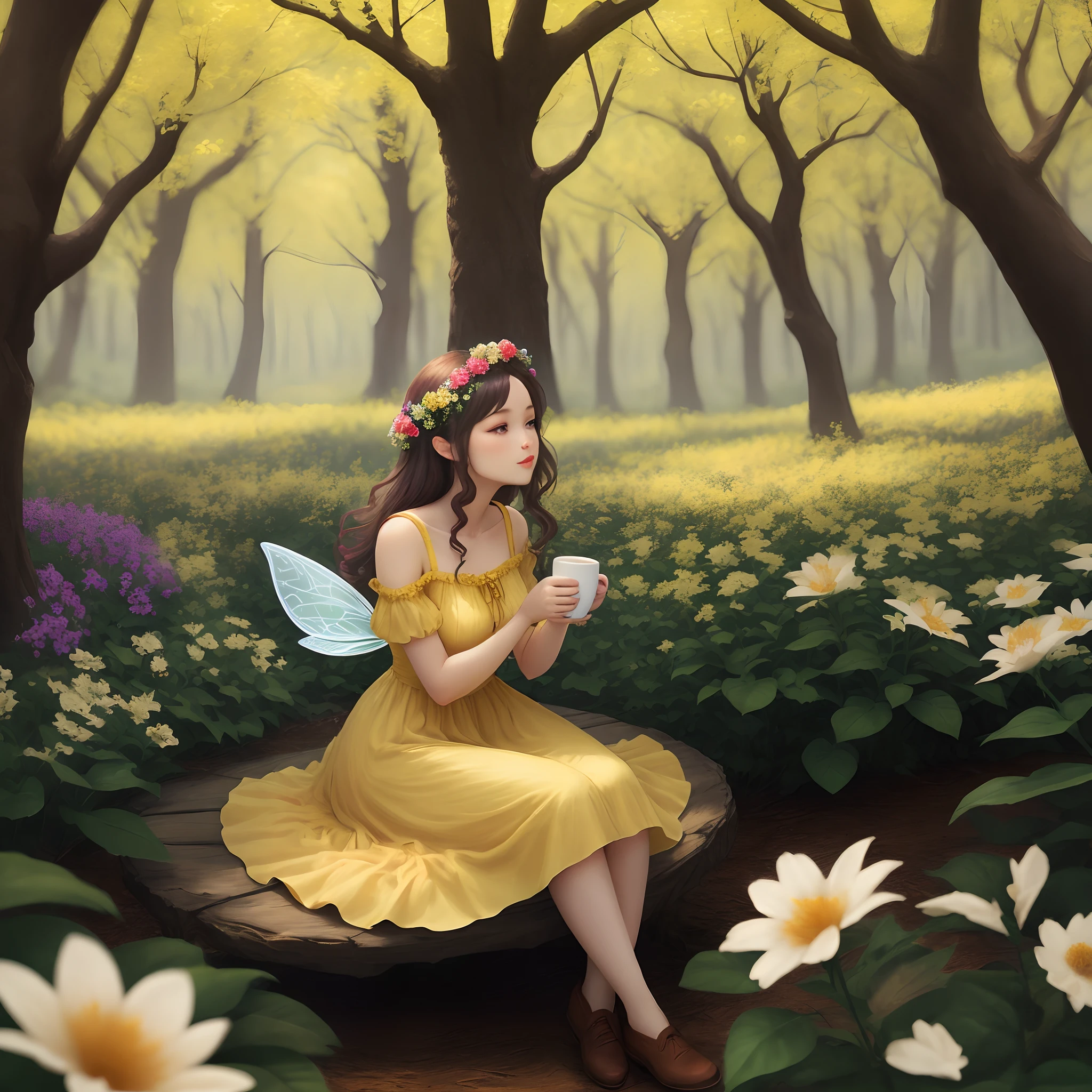 Fairy in yellow dress sipping coffee in a grove full of colorful flowers