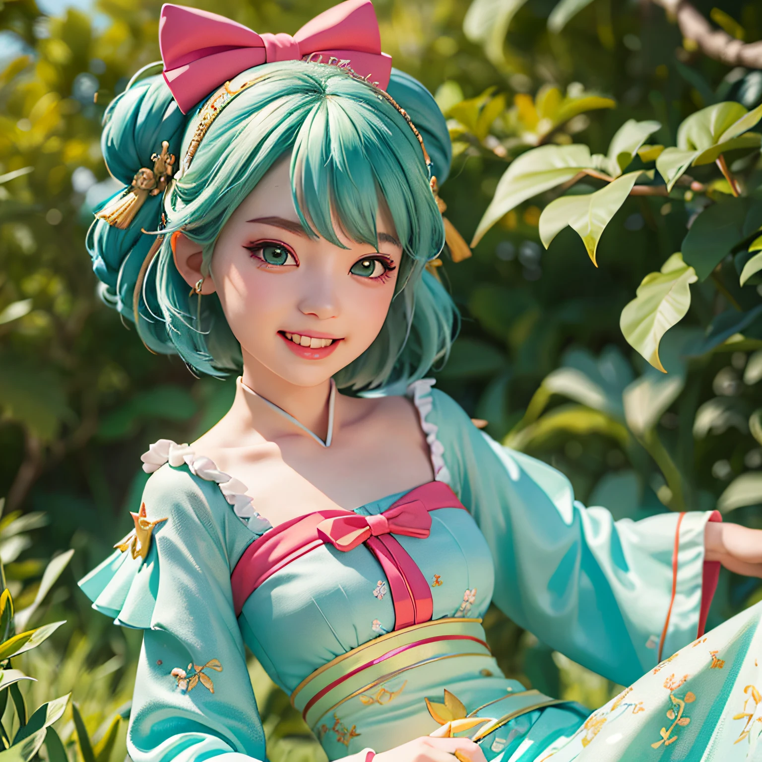 a lovely kid gi Stylish,Delicate makeup,Sit on a tree, With incredible details,cheerfulness,open mouth smile,Mermaid bust view:1.6,short hair, Red bow, green eyes,C4D, 8K, OC renderer, Best quality,Light and dark contrast, Detail art, hyper HD, Cartoon star hair accessories,outstanding,blindbox,Mulan