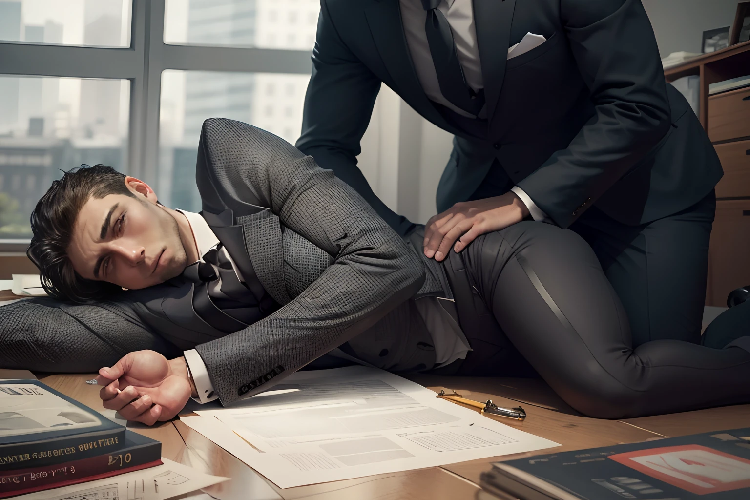An agent in a black suit holding a gun and a folder with the label 'Top-secret' in a luxurious office with a man in a gray suit lying on the floor