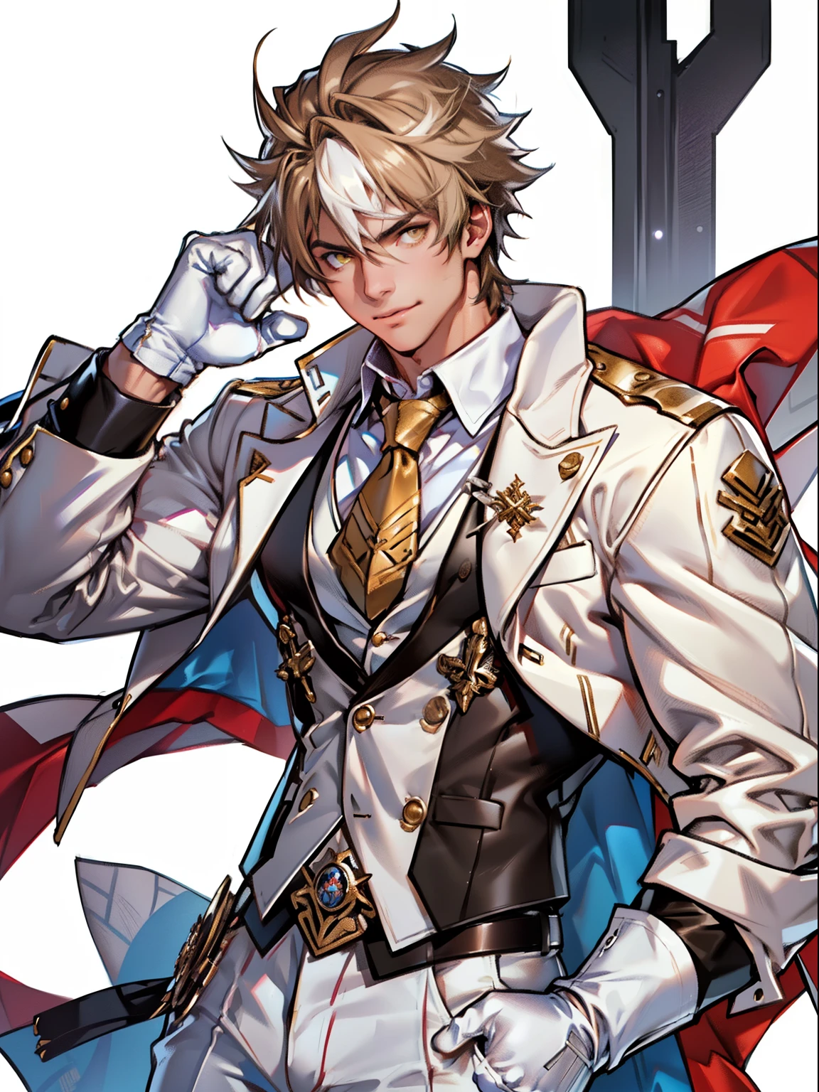 tmasterpiece,Best quality at best,(Genshin Impact),mitts,Bulging muscles,(white business suit,Casual wear tie)Pectoral muscle bulge,White gloves,Abs,malefocus,1boy,White gloves,独奏,Brown hair,Yellow eyes,blue capelet,hair between eye,((Bulging crotch)),Sexy,(Masterpiece, Best quality),(white business suit),self-assured,having fun,big laughter,white pantie, stand-up collared shirt, tiese, waistcoat, Open thickened glossy white leather jacket, Eight-pack abs, White leather mobile phone gloves, White trousers, Leather belt, spreading long thin legs, The erection,masturbation,