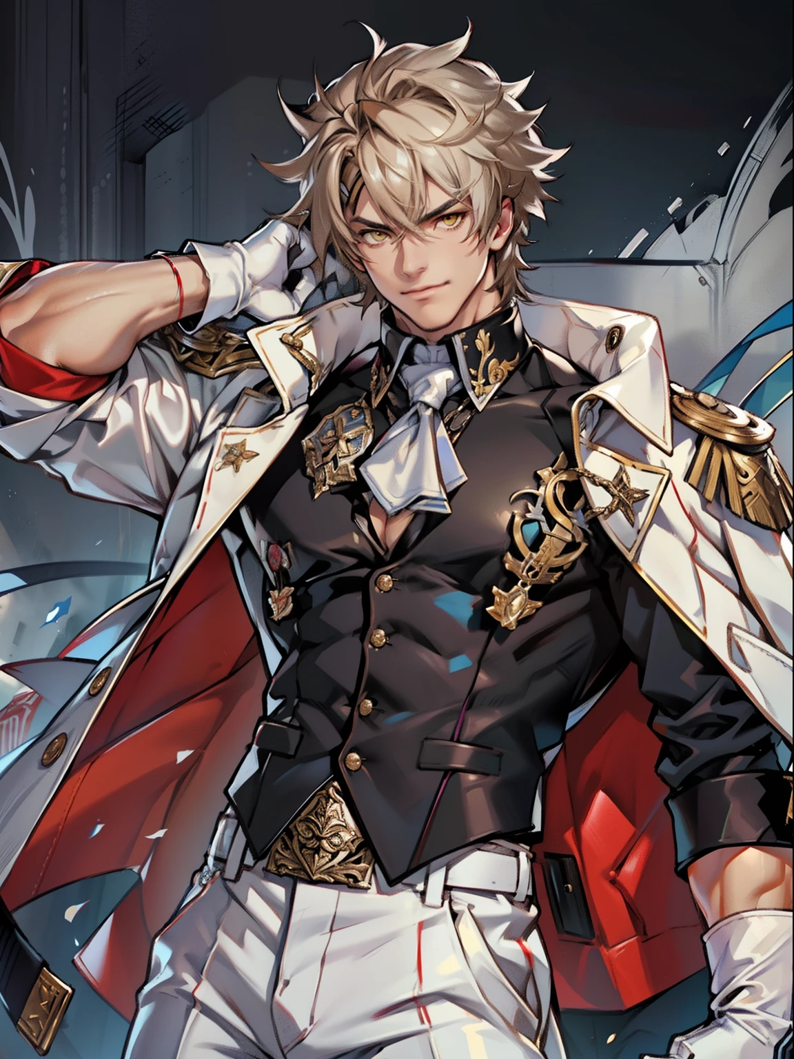 tmasterpiece,Best quality at best,(Genshin Impact),mitts,Bulging muscles,(white business suit,Casual wear tie)Pectoral muscle bulge,White gloves,Abs,malefocus,1boy,White gloves,独奏,Brown hair,Yellow eyes,blue capelet,hair between eye,((Bulging crotch)),Sexy,(Masterpiece, Best quality),(white business suit),self-assured,having fun,big laughter,white pantie, stand-up collared shirt, tiese, waistcoat, Open thickened glossy white leather jacket, Eight-pack abs, White leather mobile phone gloves, White trousers, Leather belt, spreading long thin legs, The erection,masturbation,