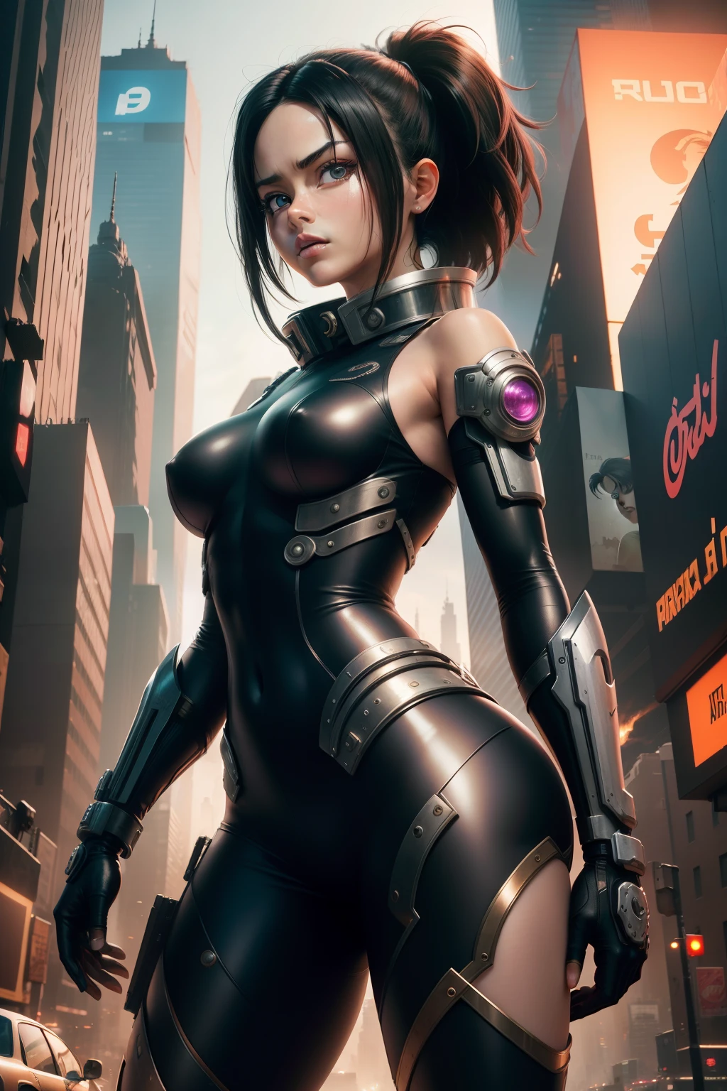 New York, time square, Alita, known as "Battle Angel", is the main character of the manga "Battle Angel Alita" created by Yukito Kishiro. She is a fearless cyborg with a mysterious past and exceptional combat skills. Endowed with great curiosity and compassion, Alita explores the futuristic city of Scrapyard in search of her true identity. Her angelic face contrasts with her determination and her lethal skills as she fights mechanical and human threats, evolving both emotionally and physically over the course of the series. Alita embodies the fusion of humanity and technology, exploring themes of identity, justice and self-discovery, (Best Quality: 1.0), (Ultra Highres: 1.0), highly detailed face and eyes, (Photorealistic: 1.2)