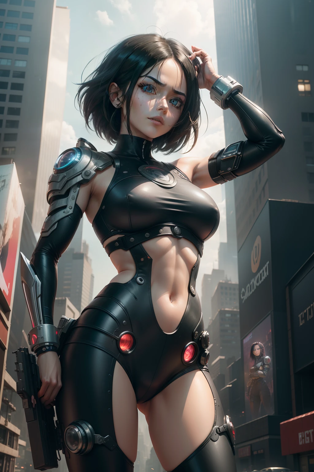 New York, time square, Alita, known as "Battle Angel", is the main character of the manga "Battle Angel Alita" created by Yukito Kishiro. She is a fearless cyborg with a mysterious past and exceptional combat skills. Endowed with great curiosity and compassion, Alita explores the futuristic city of Scrapyard in search of her true identity. Her angelic face contrasts with her determination and her lethal skills as she fights mechanical and human threats, evolving both emotionally and physically over the course of the series. Alita embodies the fusion of humanity and technology, exploring themes of identity, justice and self-discovery, (Best Quality: 1.0), (Ultra Highres: 1.0), highly detailed face and eyes, (Photorealistic: 1.2)