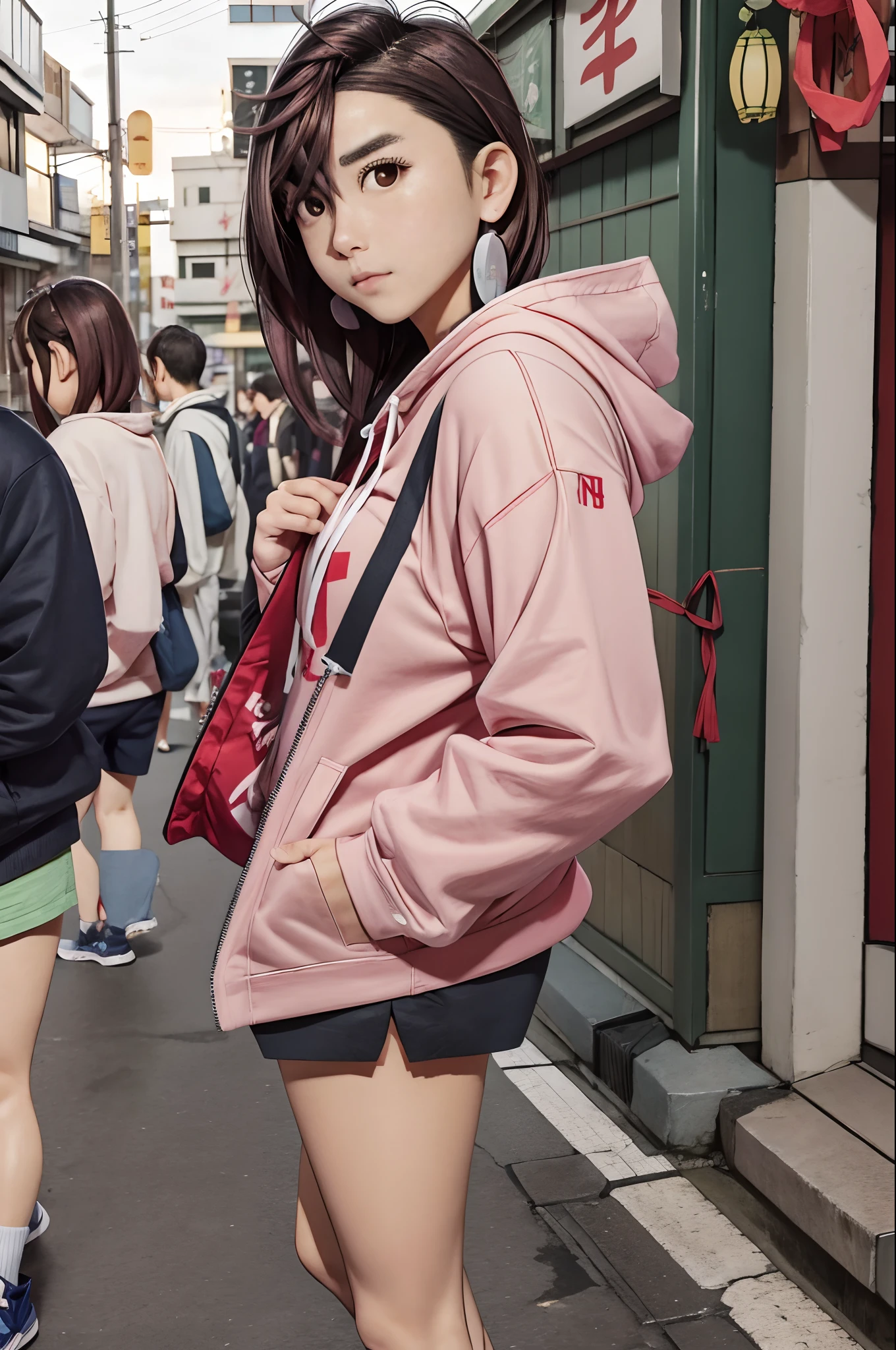 Momo_ayase, wearing hoodie and shorts, in asakusa.