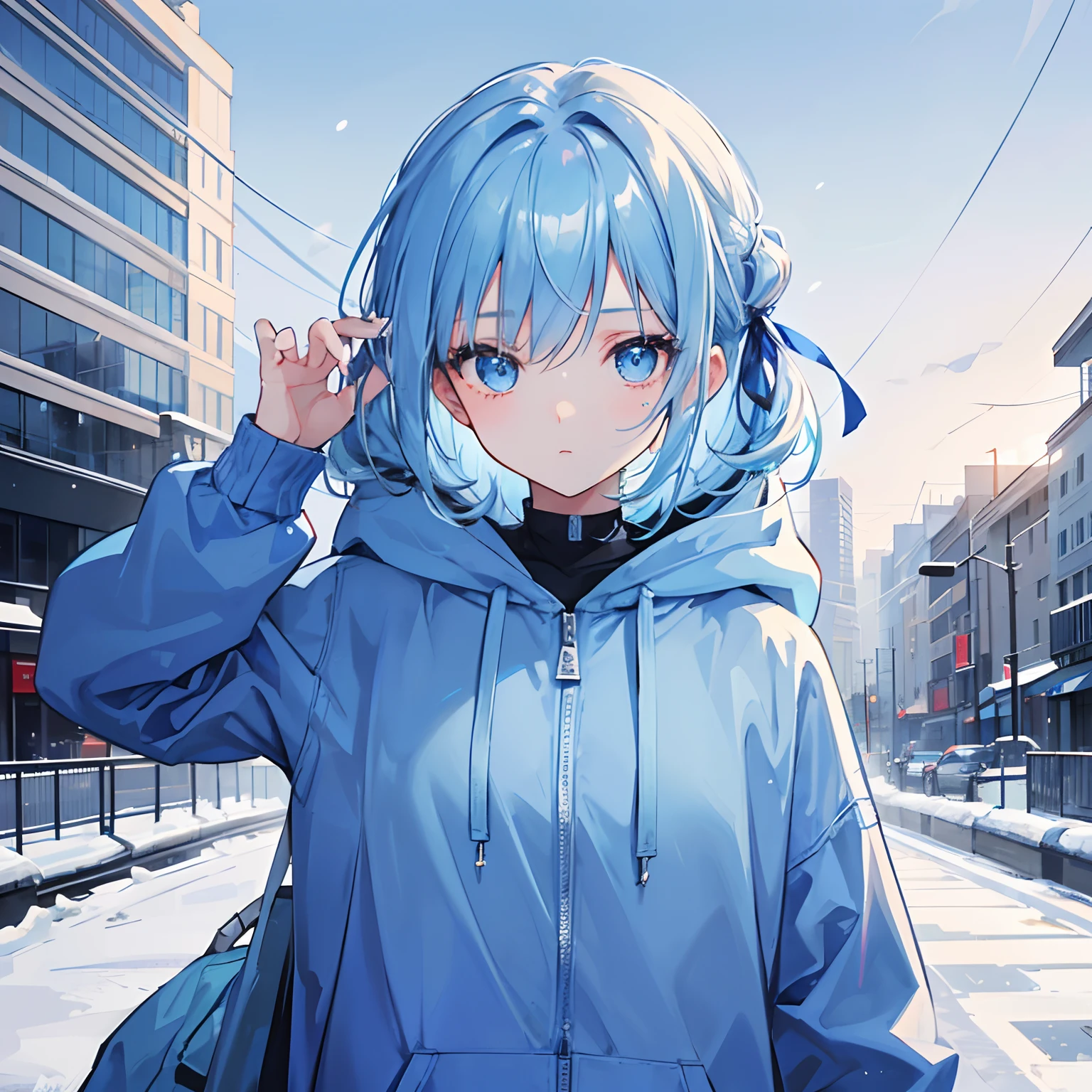 1girl, with light blue hair and blue eyes, wearing a hair ribbon and a blue and white hoodie. The scene is set in winter, with the girl looking directly at the viewer. This image can be used as a profile picture.City background