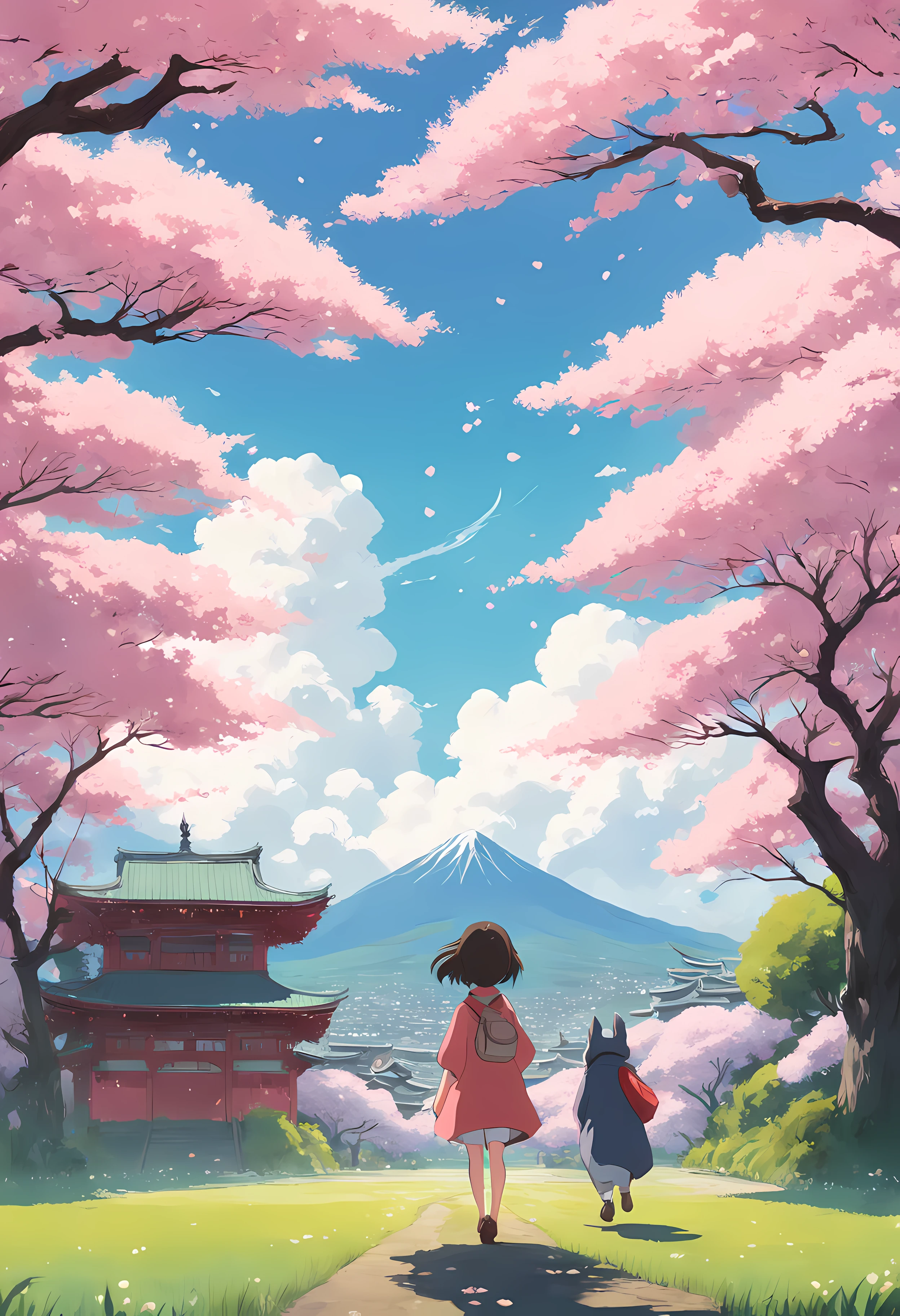 "Create a movie poster inspired by Hayao Miyazaki's Spirited Away, showcasing Chihiro Ogino and Kaonashi in a mesmerizing cherry blossom field."