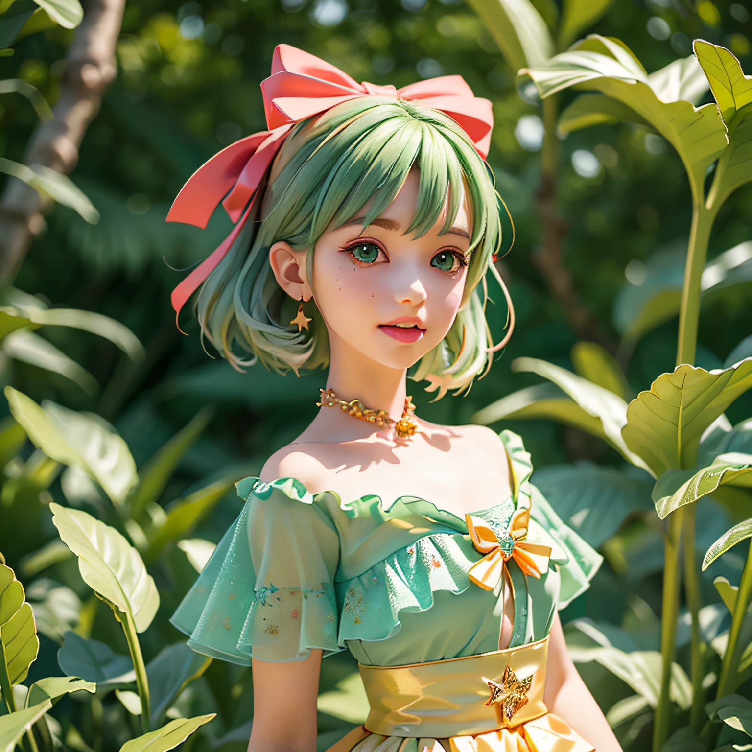 a little lovely ??? girl, Stylish,Delicate makeup,Sit on a tree, With incredible details,cheerfulness,Mermaid bust view:1.6,short hair, Red bow, green eyes,C4D, 8K, OC renderer, Best quality,Light and dark contrast, Detail art, hyper HD, Cartoon star hair accessories,outstanding,blindbox