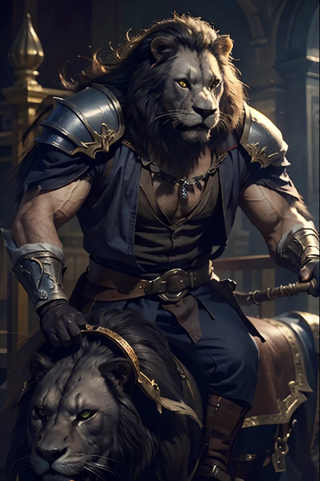 Hrothgar warrior, comic book style, illustration, abs, ferocious, male, [[badass pose]], nipples, masterpiece, best art, full body, plantigrade, by oouna, armor, detailed eyes, detailed fur, claws, detailed tail, masculine body shape, tribal, ponytail hair, chest hair, stripes, macro