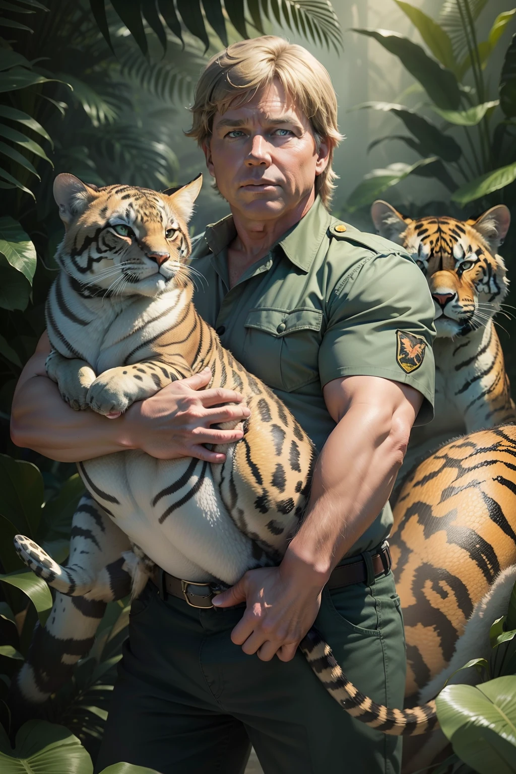 "Steve Irwin, the legendary wildlife conservationist and television personality, in a captivating and dynamic pose surrounded by exotic animals in their natural habitat."