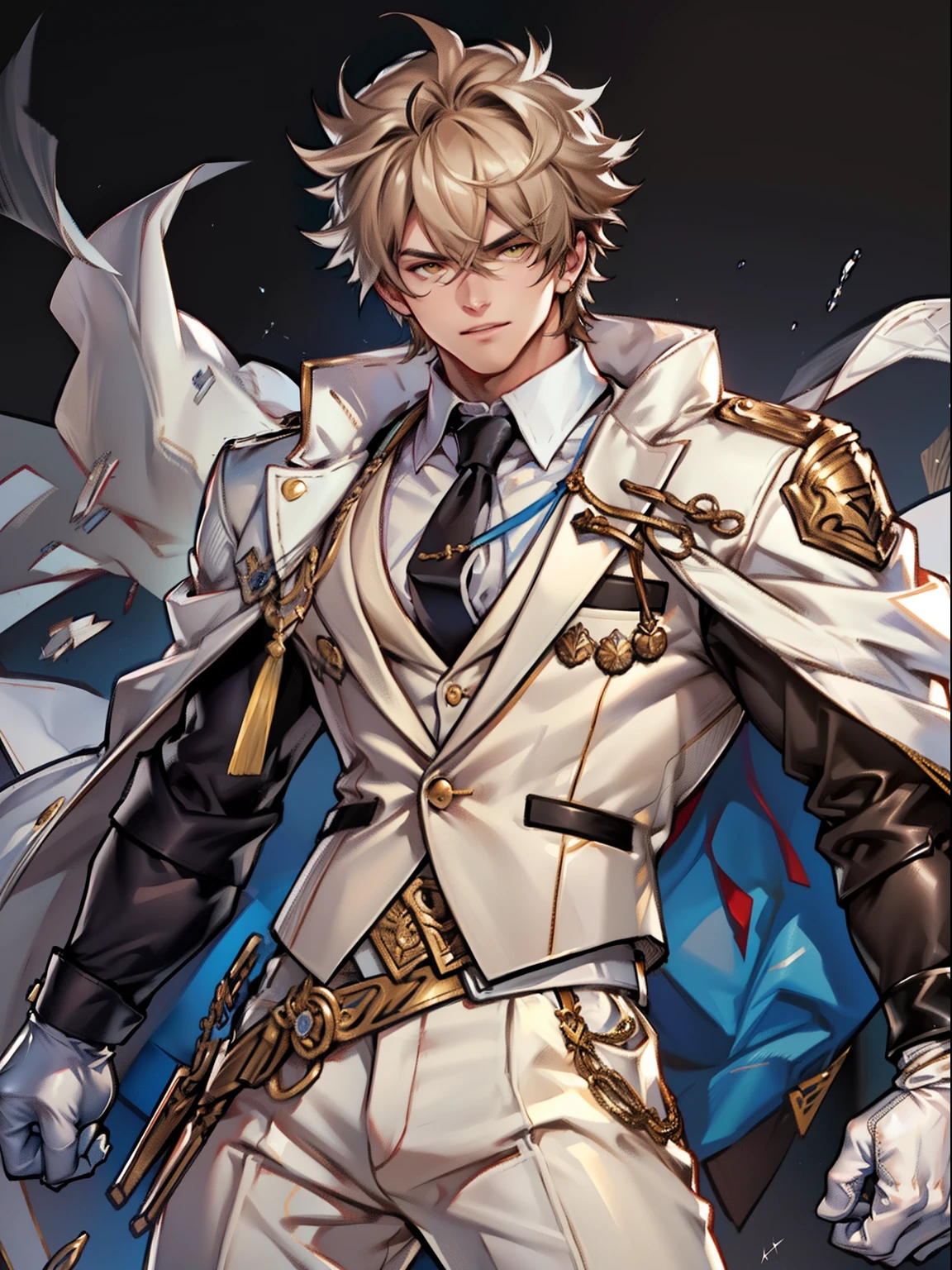 tmasterpiece,Best quality at best,(Genshin Impact),mitts,Bulging muscles,(white business suit,Casual wear tie)Pectoral muscle bulge,White gloves,Abs,malefocus,1boy,White gloves,独奏,Brown hair,Yellow eyes,blue capelet,hair between eye,((Bulging crotch)),Sexy,(Masterpiece, Best quality),(white business suit),self-assured,having fun,big laughter,white pantie, stand-up collared shirt, tiese, waistcoat, Open thickened glossy white leather jacket, Eight-pack abs, White leather mobile phone gloves, White trousers, Leather belt, spreading long thin legs, The erection,masturbation,