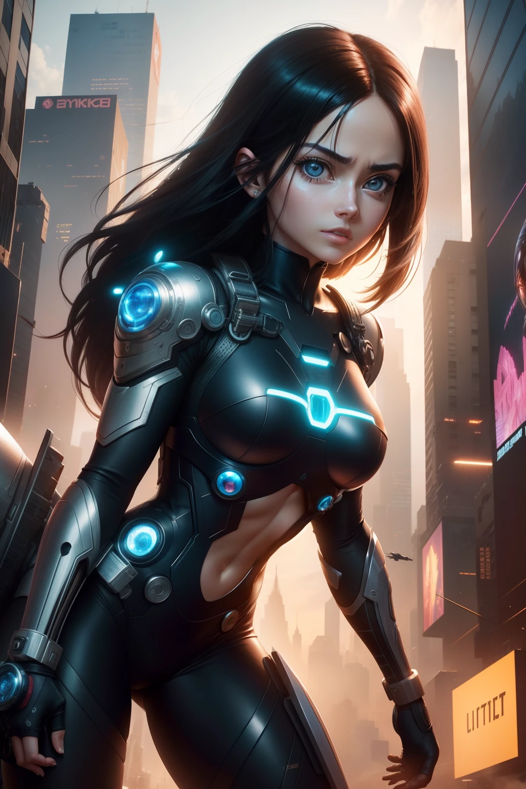In a futuristic city, a girl a human arm and her second mecha arm and both mecha legs stand. The chrome metal glistening in the neon lights. His eyes are sharp and detailed, depicting a sense of determination. His face is adorned with intricate circuit patterns, adding to his robotic charm. Slightly separated, her lips hold an enigmatic smile. The exterior of the girl exudes strength and power, with elegant curves and perfectly designed body proportions.

Her outfit is a fusion of technology and fashion, with a tight body that accentuates her agile movements. The suit is adorned with glowing LED strips, highlighting its robotic nature. She stands in a dynamic posture, a hand extended forward, as if to trigger a powerful explosion of her high-tech forearm guns.

The scene takes place against a backdrop of futuristic skyscrapers, dominating the cityscape. The buildings are bathed in vibrant shades of blue and purple, creating a supernatural atmosphere. The streets below are animated by flying cars and bustling crowds, indicating the cutting-edge technology and bustling city life.

The lighting of the scene is dramatic, projecting long shadows and accentuating the features of the girl. Neon signs on billboards and road signs create a colourful and dynamic atmosphere. The glow of the city reflects the polished surface of the mecha girl, highlighting the high level of detail and realism.

This invite aims to generate a high quality, detailed and photorealistic image of a mecha girl in a futuristic city. The focus is on capturing the elegance of the mecha girl’s design, the vibrant atmosphere of the city and the play of light and shadows. The resulting image should be a masterpiece of digital art, with ultra-fine details and bright colors, giving life to this futuristic world.