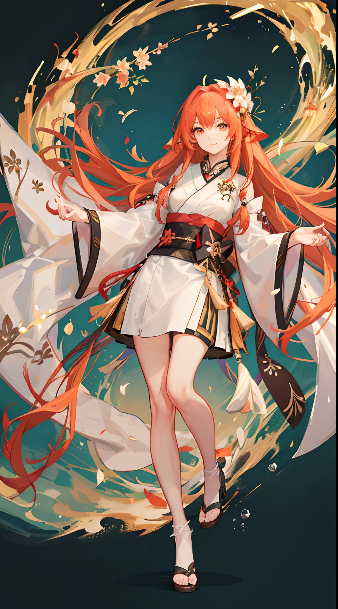 in the forest, 1girl, long hair, orange hair, white eyes, white kimono, chinese clothes, solo, black fish, sword, long hair, looking at viewer, wide sleeves, flying bubble, hair flower, earring, pendant, wings, standing, holding, bangs, cute animal, air bubble, fire splash, best quality, high quality, highres, 4K, ultra details, finely detail, an extremely delicate and beautiful,