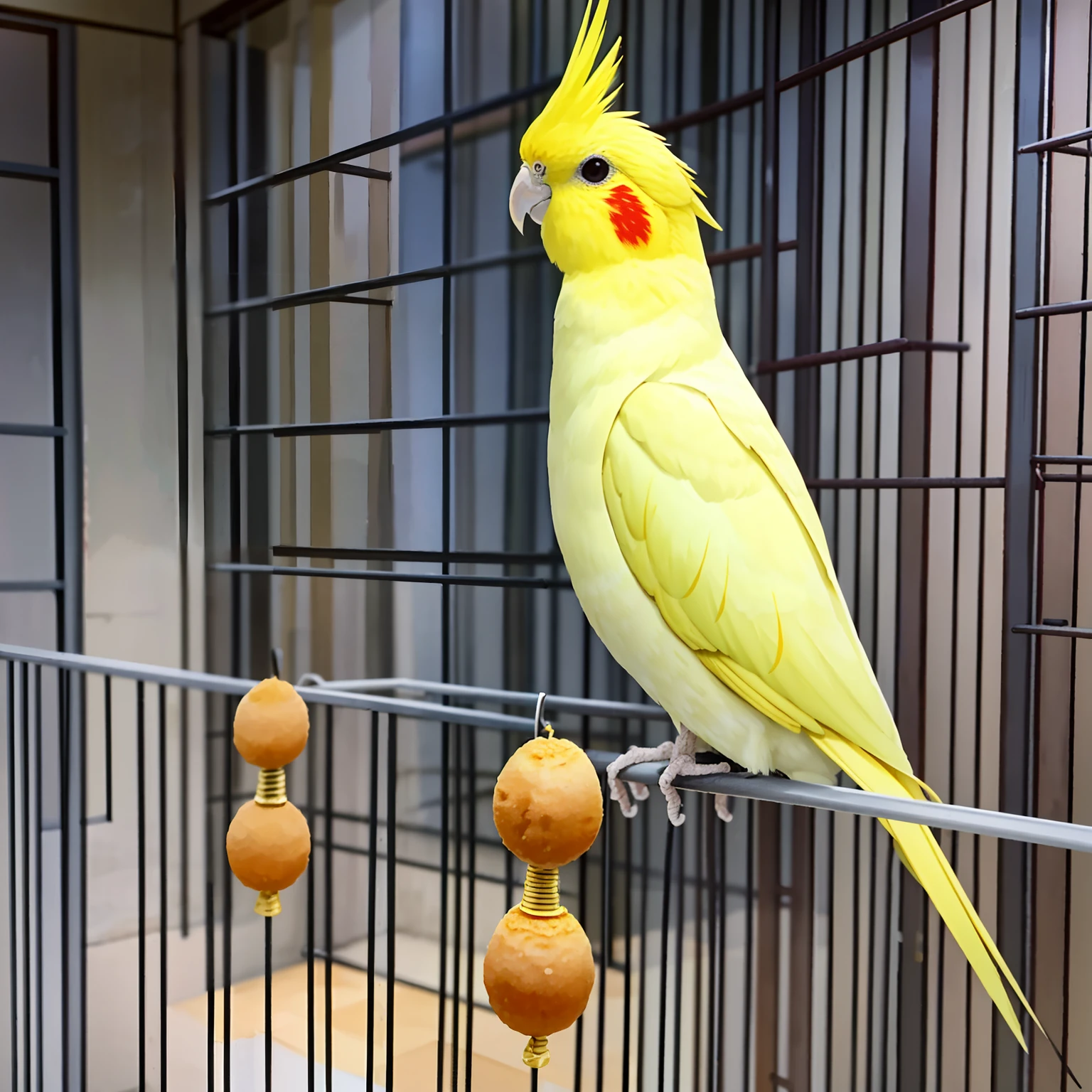 Best quality, 超高分辨率, [32K|16k|best qualityer], Professional photo, Lutino_cockatiel, yellow bird, Stick, bird cage, borgar, downpours, salama, fly, manticore,