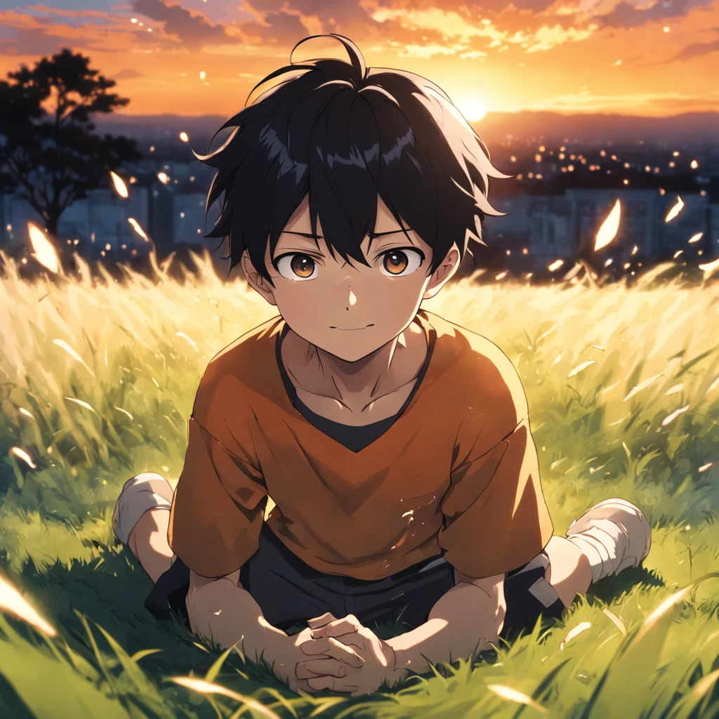 Masterpiece, Best quality, cinematic Film still from, 1boy, Grass Boy, Floating in the sky, Close-up, Bright, cheerfulness, Warm and soft lighting, Sunset, (spark of light:0.7), (AS-Young:1.7), (1boy:1.8), (Male focus:1.2), (Cute:1.7) Shigeo Kageyama, Mob psychosis, view the viewer, Sitting down, Smiling