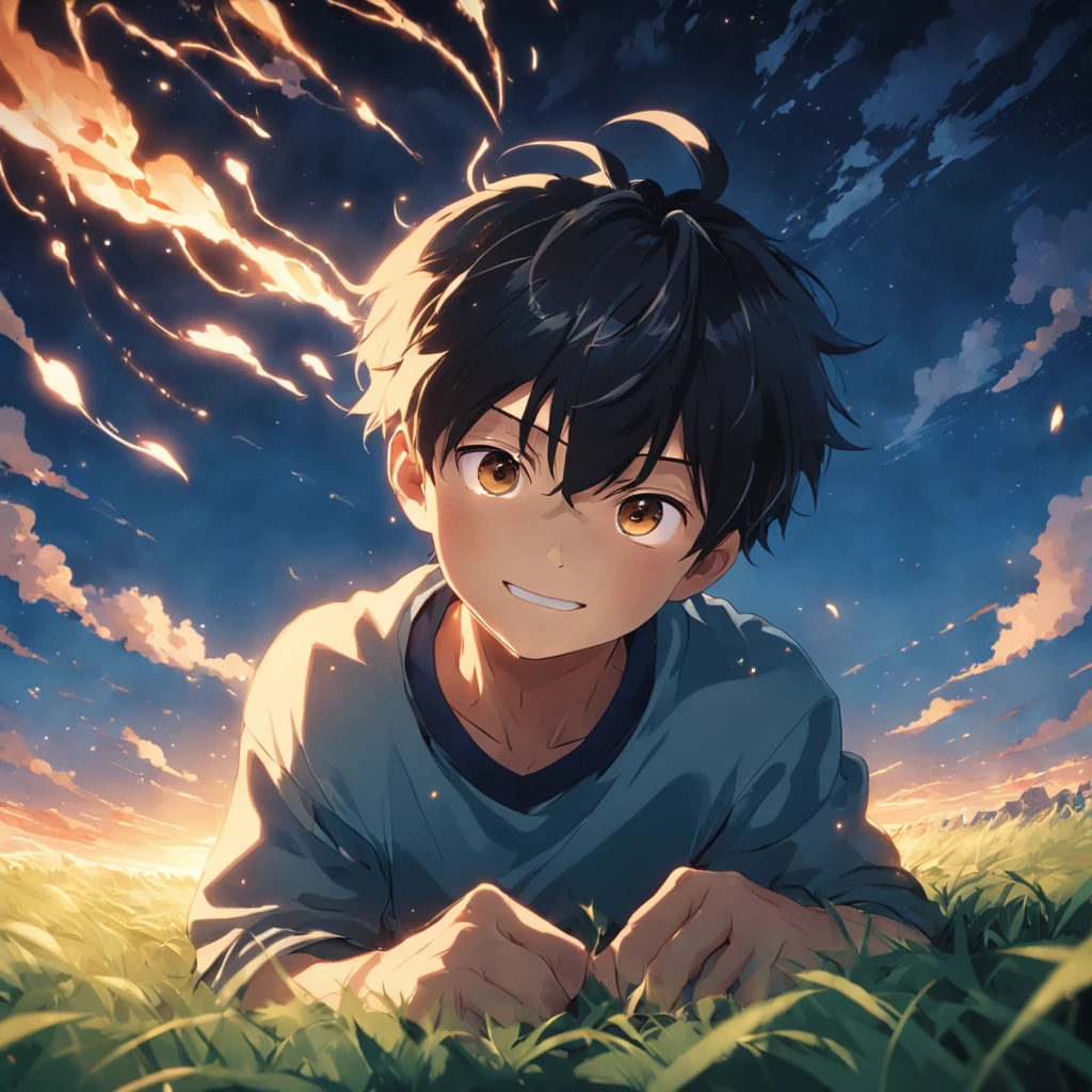 Masterpiece, Best quality, cinematic Film still from, 1boy, Grass Boy, Floating in the sky, Close-up, Bright, cheerfulness, Warm and soft lighting, Sunset, (spark of light:0.7), (AS-Young:1.7), (1boy:1.8), (Male focus:1.2), (Cute:1.7) Shigeo Kageyama, Mob psychosis, view the viewer, Sitting down, Smiling