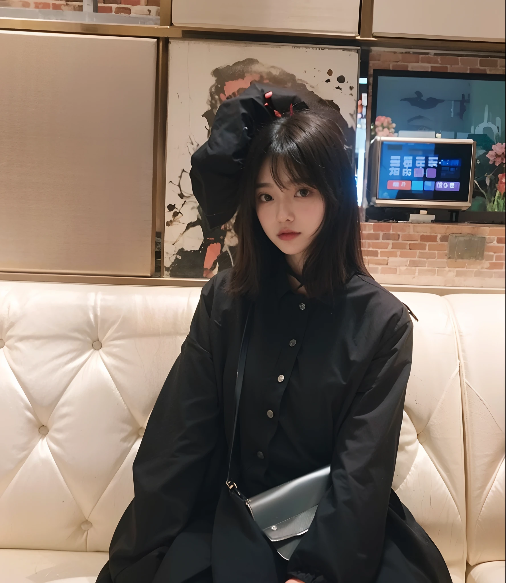 there is a woman sitting on a couch with a purse, xintong chen, wearing black modern clothes, wearing japanese techwear, wenfei ye, 🤤 girl portrait, wearing black clothes, ulzzangs, chiho, with short hair, cruel korean goth girl, personal profile picture, wearing a black noble suit, random artist, Zhang Wanting, Handsome girl，perfect pubic，8k ultra high definition