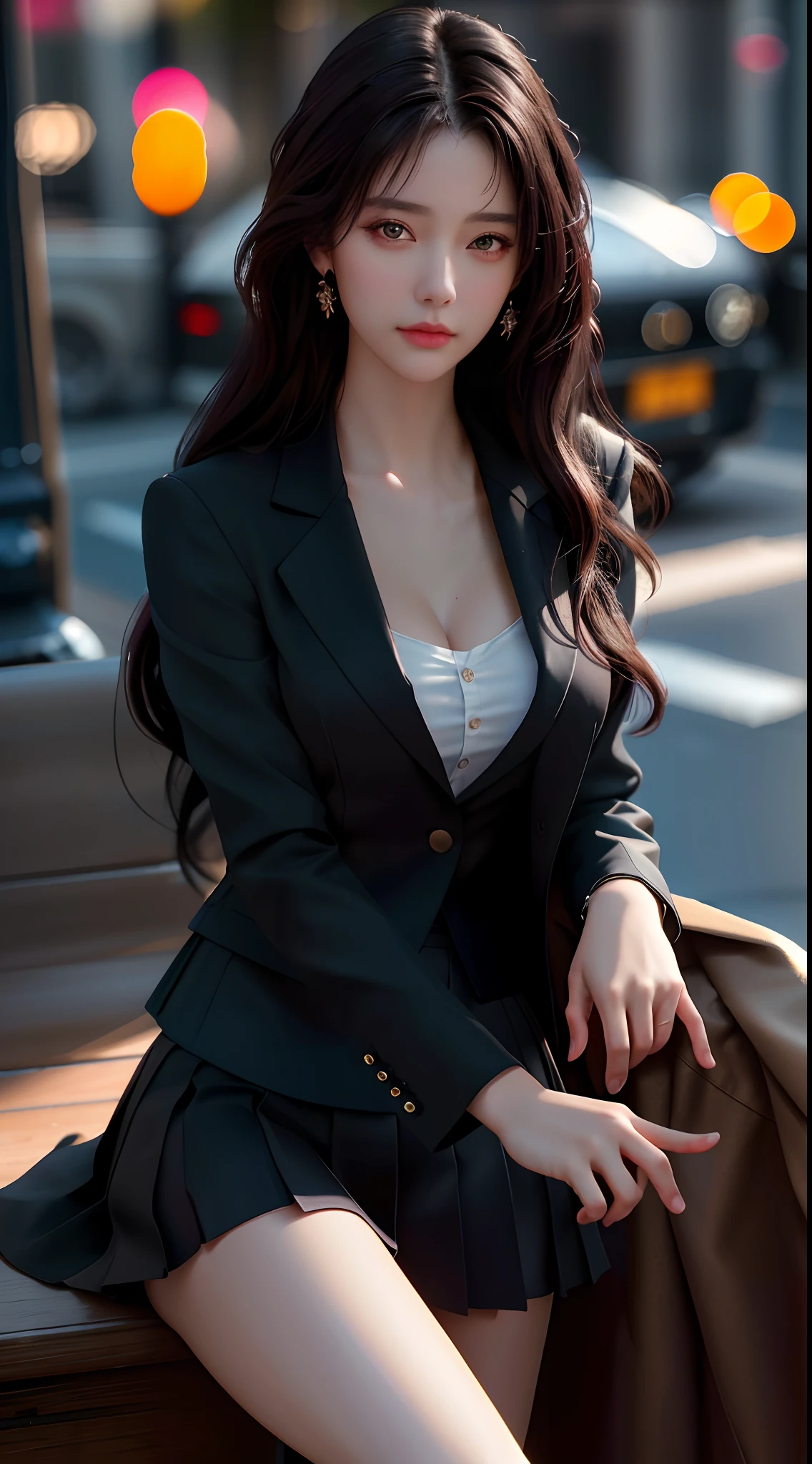 best quality, masterpiece, 1girl, Beautiful face, (photo realistic:1.3), rim lighting, (high detailed skin:1.2), 8k uhd, dslr, high quality, high resolution, 4k, 8k, Bokeh,  absurdres, best ratio four finger and one thumb, (realistic:1.3), cute 1girl, wearing black formal blazer, medium breasts, short skirt,