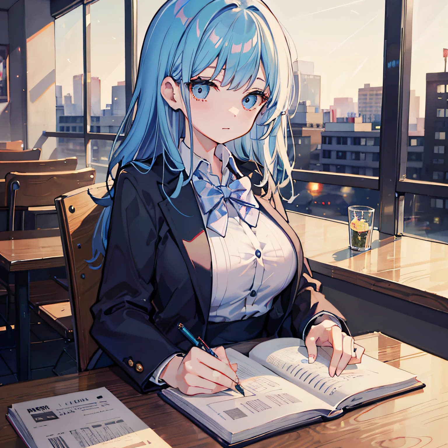 Beautiful woman Studying Focused face on desk Inside the café By morning 发光 Morning view Test Preparation Pupils blue hairs Studying Mathematics Colossal tits
