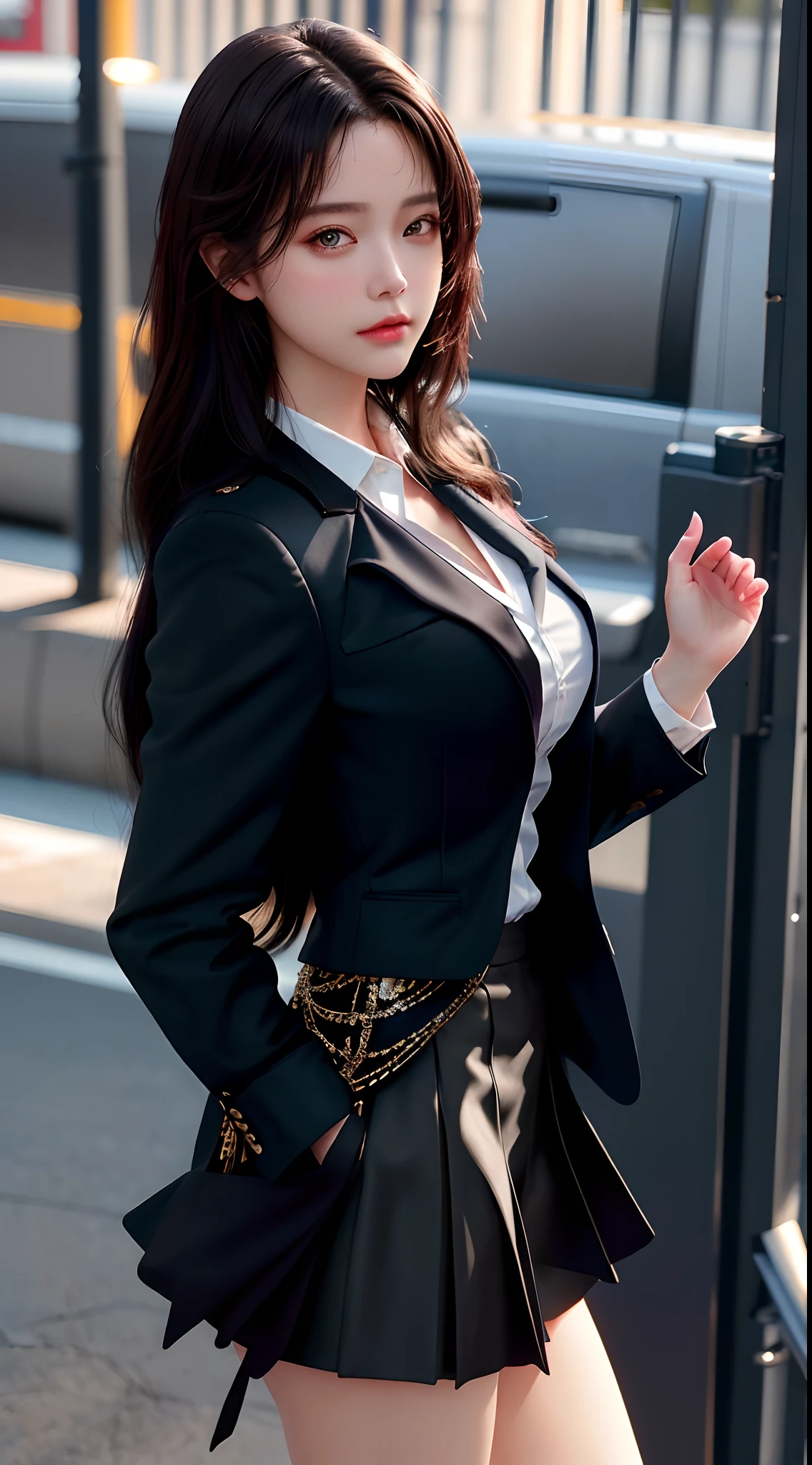 best quality, masterpiece, 1girl, Beautiful face, (photo realistic:1.3), rim lighting, (high detailed skin:1.2), 8k uhd, dslr, high quality, high resolution, 4k, 8k, Bokeh, absurdres, best ratio four finger and one thumb, (realistic:1.3), cute 1girl, wearing black formal blazer, medium breasts, short skirt,
