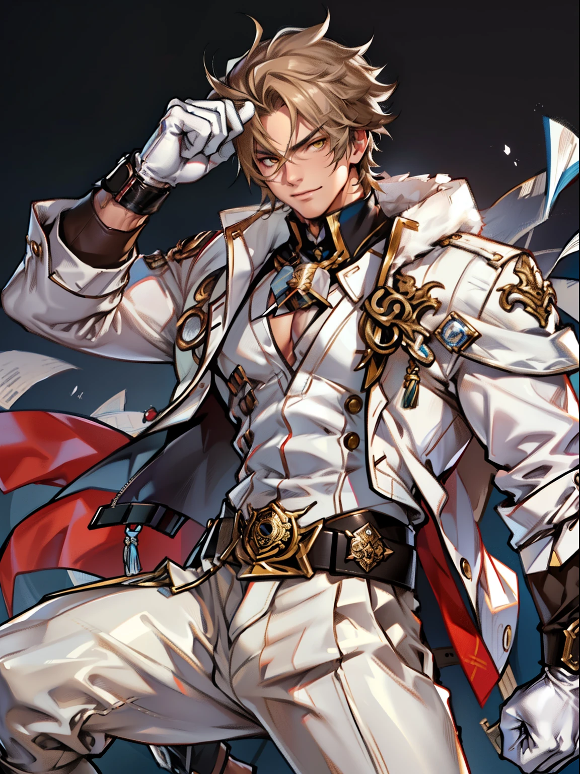 tmasterpiece，Best quality at best，（Genshin Impact），mitts，Bulging muscles，(white business suit，Casual wear tie）Bulging of the pectoral muscles，White gloves，Abs，malefocus，1boy，White gloves，独奏，Brown hair，Yellow eyes，blue capelet，hair between eye，（（Bulging crotch）），Sexy,(Masterpiece, Best quality),（white business suit），self-assured，having fun，big laughter，white pantie, stand-up collared shirt, tiese, waistcoat, Open thickened glossy white leather jacket, Eight-pack abs, White leather mobile phone gloves, White trousers, Leather belt, spreading long thin legs, The erection,Masturbation,