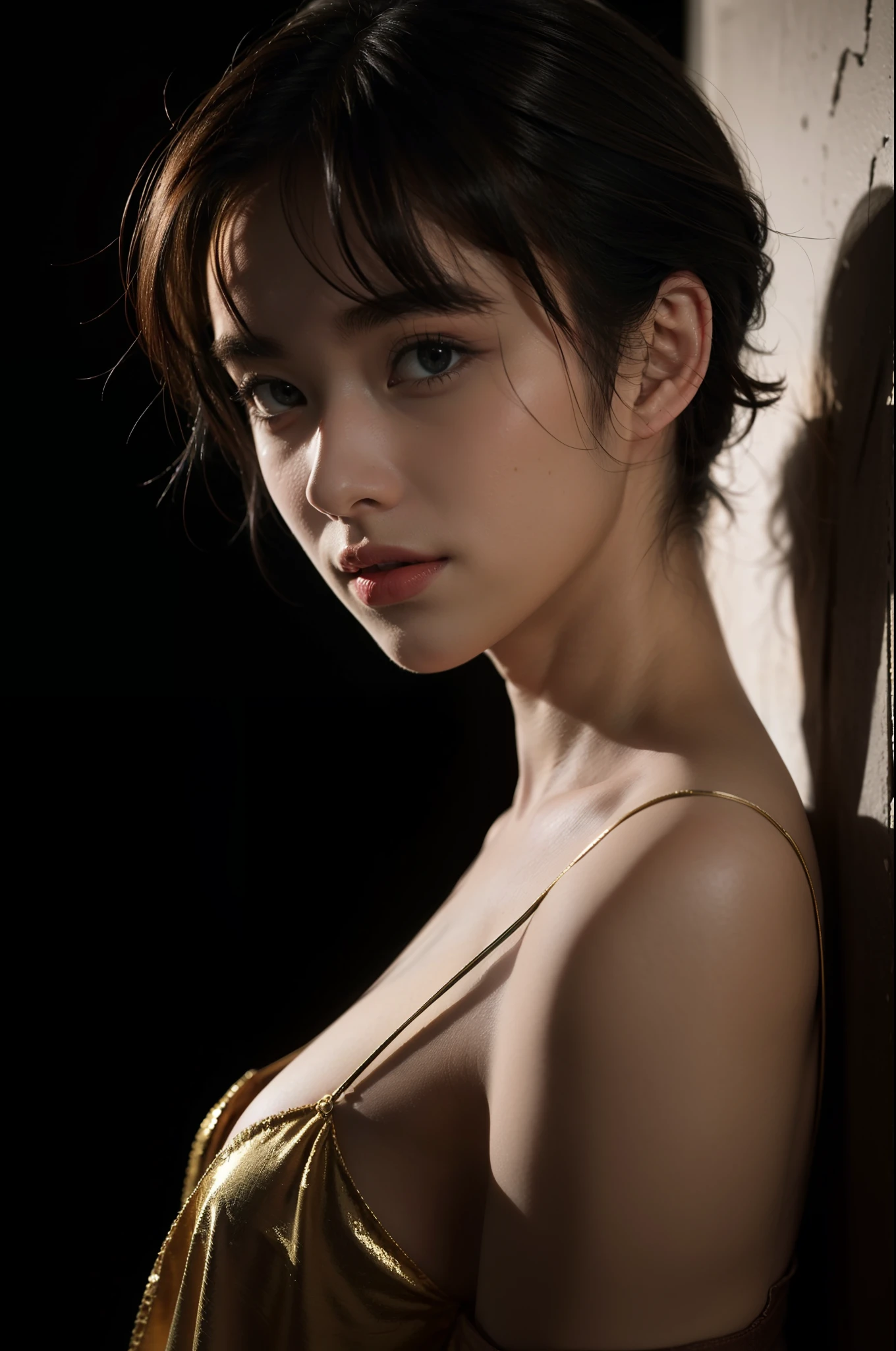 Best quality, masterpiece, ultra high res, (photorealistic:1.5), raw photo, 1girl, offshoulder, in the dark, deep shadow, low key, cold light, sexy look, short hair, (masterpiece:1.2), textured skin, super detail, best quality, 8k, romanticism, realism, movie studio lighting, in the dark, deep shadow, low key, cold light, sexy look, short hair, movie studio lighting
