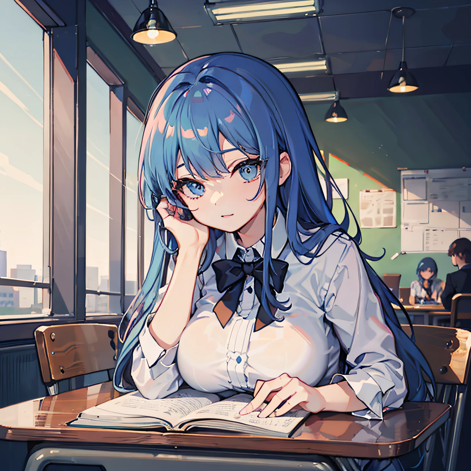 Beautiful woman Studying Focused face on desk Inside the café By morning 发光 Morning view Test Preparation Pupils blue hairs Studying Mathematics Colossal tits