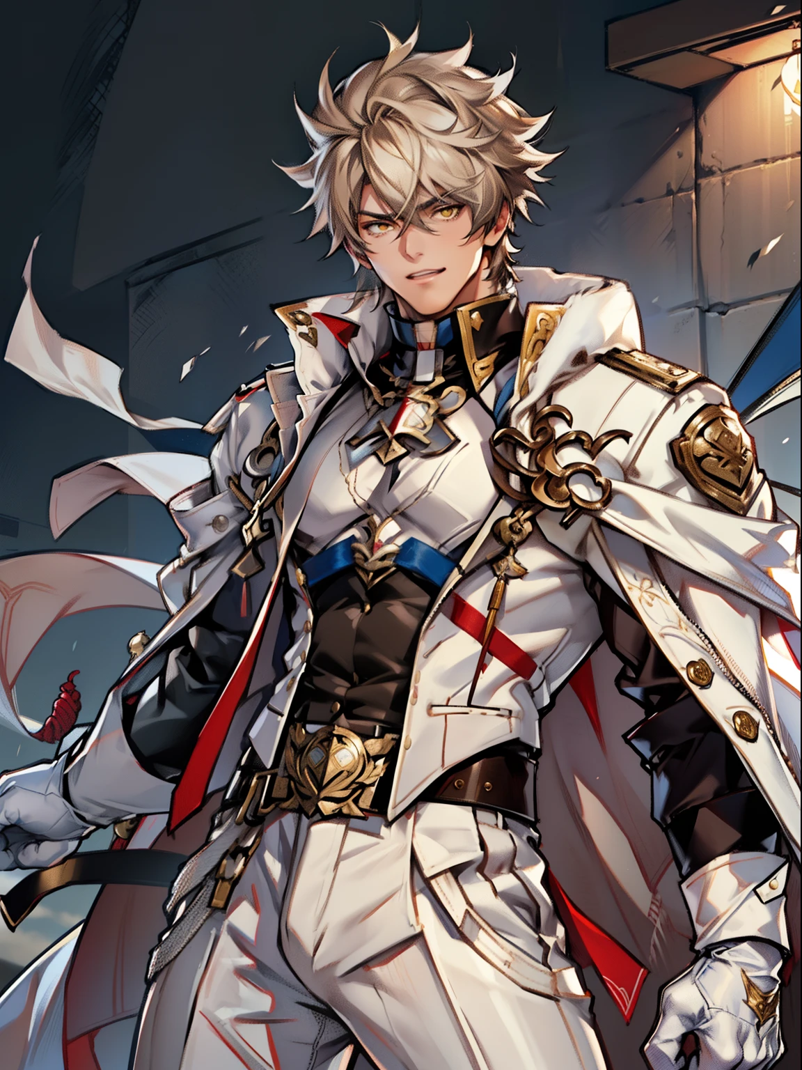 tmasterpiece,Best quality at best,(Genshin Impact),mitts,Bulging muscles,(white business suit,Casual wear tie)Bulging of the pectoral muscles,White gloves,Abs,malefocus,1boy,White gloves,独奏,Brown hair,Yellow eyes,blue capelet,hair between eye,((Bulging crotch)),Sexy,(Masterpiece, Best quality),(white business suit),self-assured,having fun,big laughter,white pantie, stand-up collared shirt, tiese, waistcoat, Open thickened glossy white leather jacket, Eight-pack abs, White leather mobile phone gloves, White trousers, Leather belt, spreading long thin legs, The erection,Masturbation,