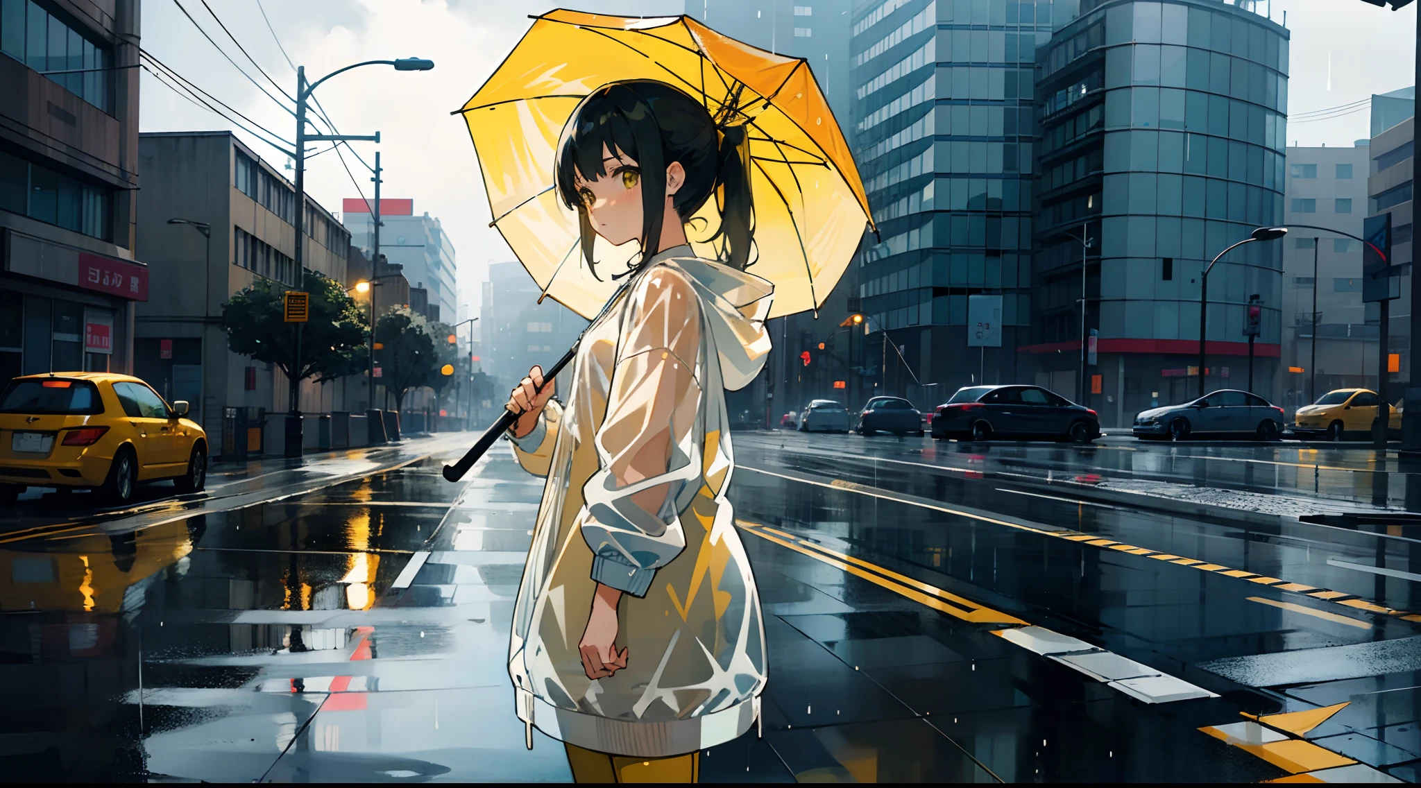 Summer streets，A gentle breeze，Black single ponytail，Anime shoujo，White sweatshirt，denim short，Yellow rain boots，Holding an umbrella，see-through raincoat，A light rain drizzles