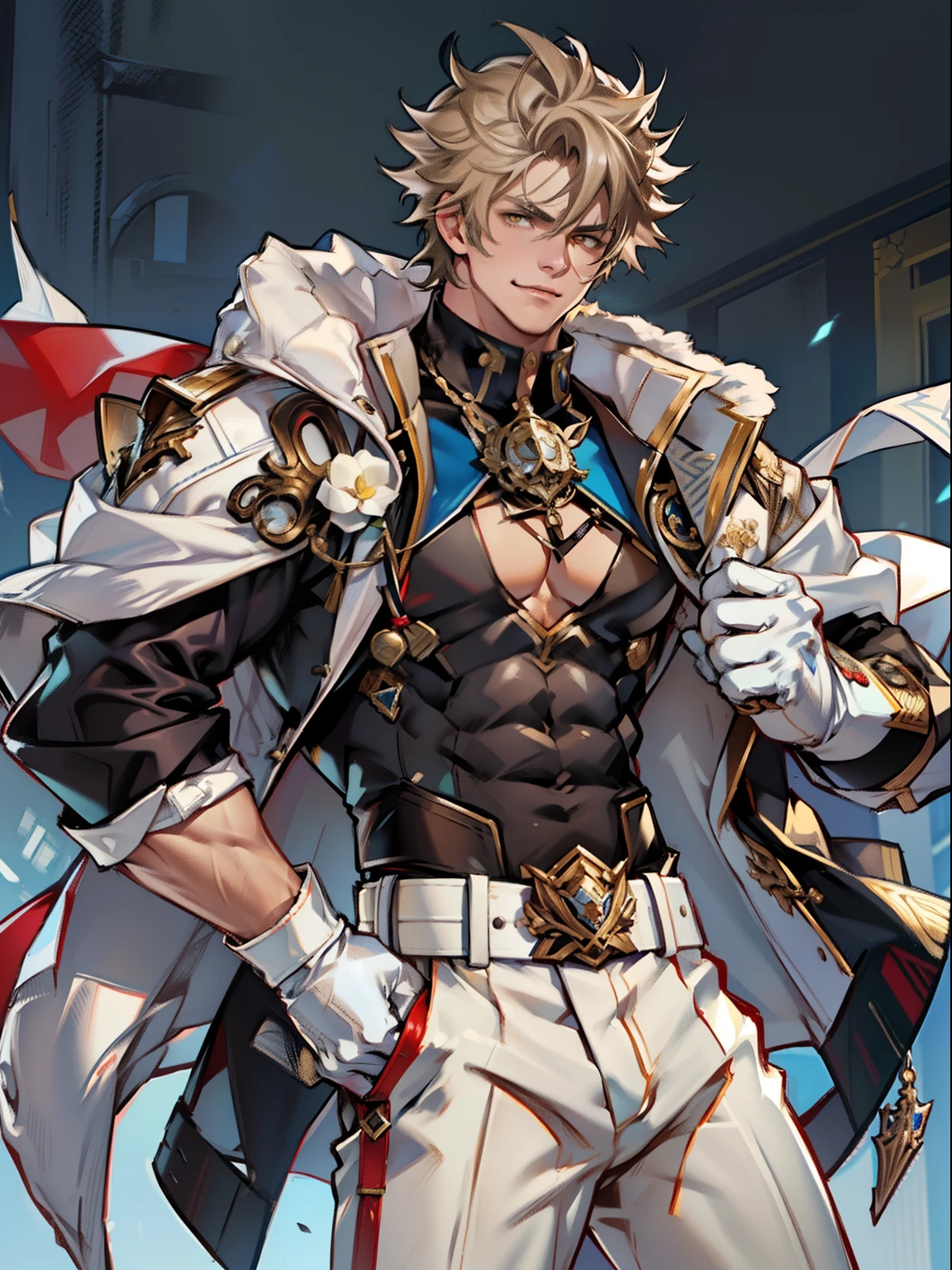 tmasterpiece，Best quality at best，（Genshin Impact），mitts，Bulging muscles，(white business suit，Casual wear tie）Bulging of the pectoral muscles，White gloves，Abs，malefocus，1boy，White gloves，独奏，Brown hair，Yellow eyes，blue capelet，hair between eye，（（Bulging crotch）），Sexy,(Masterpiece, Best quality),（white business suit），self-assured，having fun，big laughter，white pantie, stand-up collared shirt, tiese, waistcoat, Open thickened glossy white leather jacket, Eight-pack abs, White leather mobile phone gloves, White trousers, Leather belt, spreading long thin legs, The erection,Masturbation,