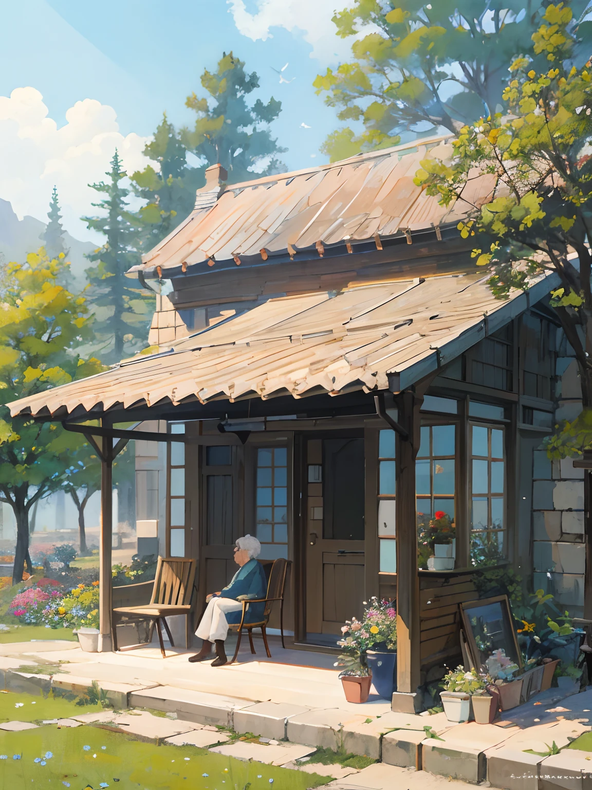 Courtyard painting with table, chairs and benches，An old lady and grandfather sat on a chair in the yard and chose vegetables to bask in the sun，Anime background art，relaxing concept art，Anime landscape concept art，immensely detailed scene，a beautiful artwork illustration，Detailed scenery — width 672，Ghibli Studio Environment，highly detailed scenario，environment design illustration，beautiful anime scenes，In Studio Ghibli style，Anime landscapes，detailed soft painting，environment painting