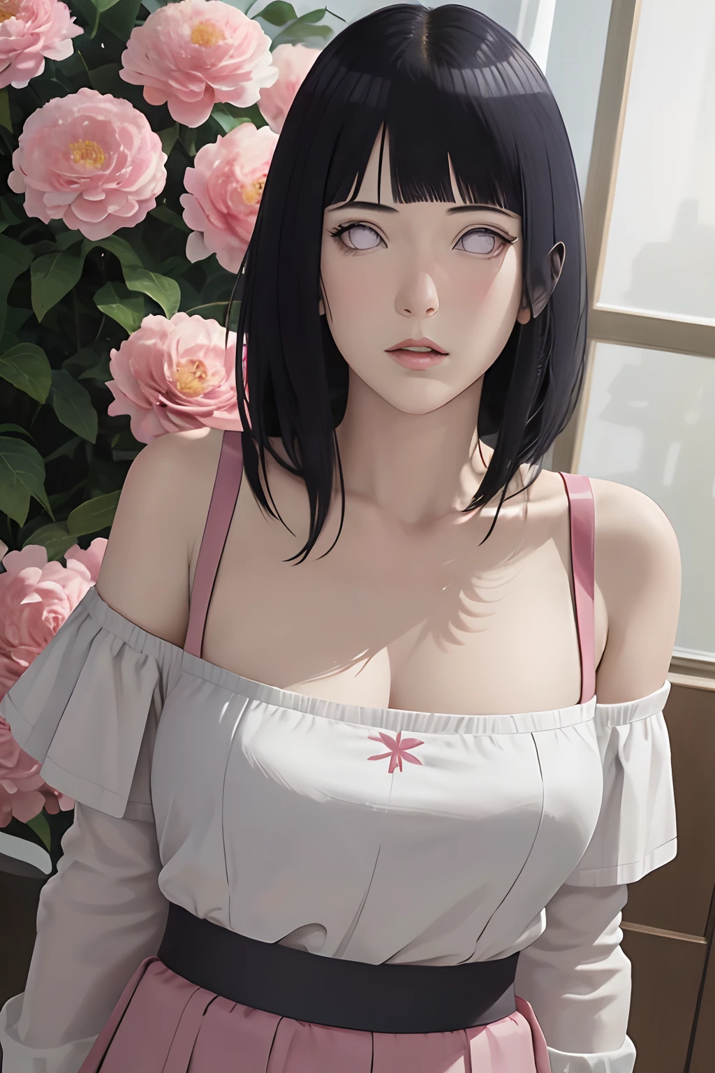 masterpiece, absurdres, hinata\(boruto\), 1girl, solo,mature female, off-shoulder strap bra, high waist short skirt, looking at viewer, (falling petals), perfect composition, detailed lips, big breast, beautiful face, body propotion, blush, (pink lips), long hair, purple eyes, soft gaze, super realistic, detailed, photoshoot, realistic face and body,