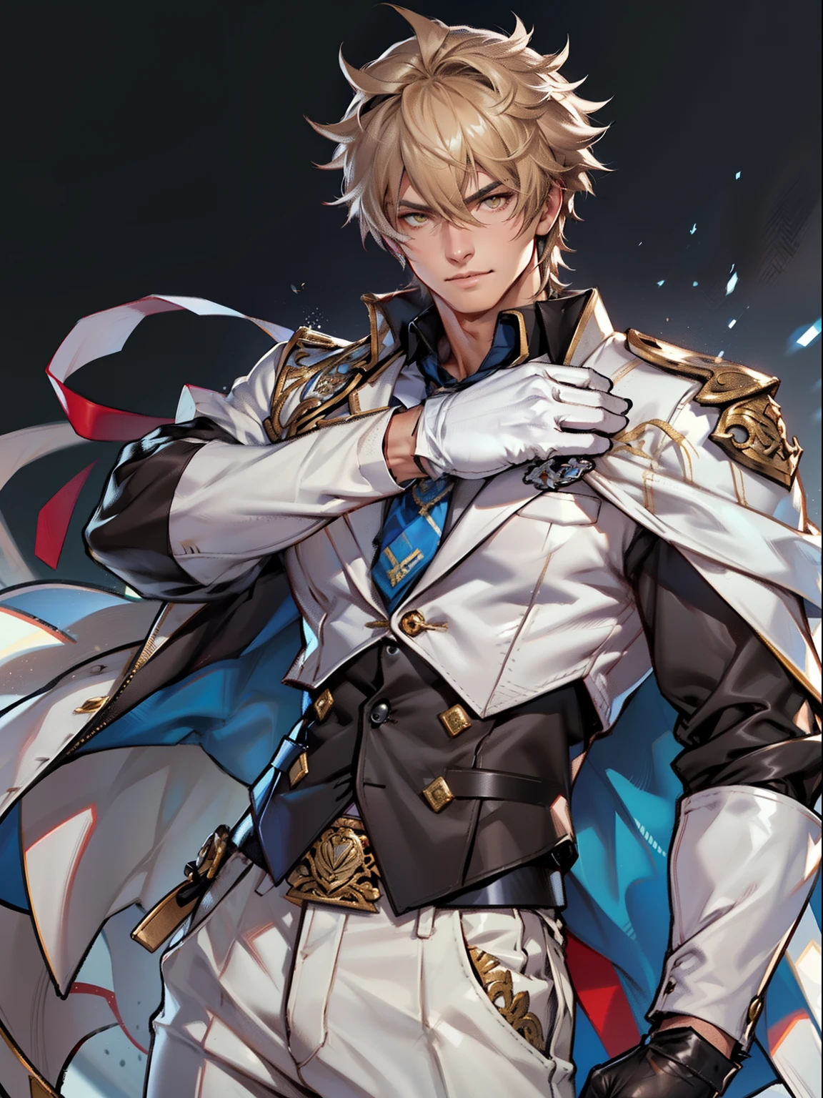 tmasterpiece,Best quality at best,(Genshin Impact),mitts,Bulging muscles,(white business suit,Casual wear tie)Bulging of the pectoral muscles,White gloves,Abs,malefocus,(The upper body exposes the abs),1boy,White gloves,独奏,Brown hair,Yellow eyes,blue capelet,hair between eye,((Bulging crotch)),Sexy,(Masterpiece, Best quality),(white business suit),self-assured,having fun,big laughter,white pantie, stand-up collared shirt, tiese, waistcoat, Eight-pack abs, White leather mobile phone gloves, White trousers, Leather belt, spreading long thin legs, The erection,