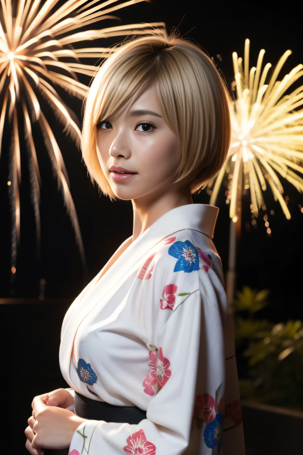 8k, best quality, ultra high res, (photo realistic:1.4), (Japanese famous actress:1.2), very beautiful, kawaii, professional photograph, an extremely delicate and beautiful, extremely detailed, extremely detailed beautiful girl, extremely detailed face, extremely detailed eyes, extremely detailed skin, extremely detailed fingers, extremely detailed nose, extremely detailed mouth, perfect anatomy, realistic body, fair skin, shiny skin, slender body, good figure, looking at viewer, (blond hair:1.2), (very short hair:1.2), (tanned skin:1.4), black gal, dynamic lighting, action, (yukata, fireworks, backlighting), laugh, cowboy shot,