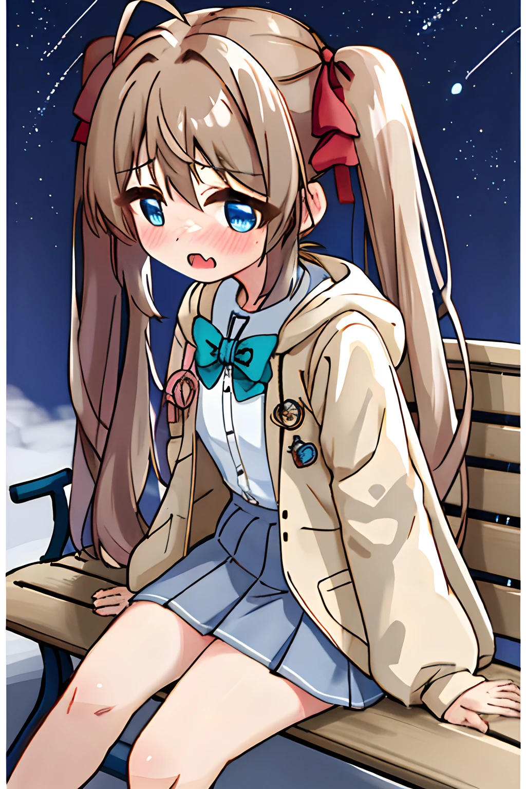 1girl, blue eyes, blush, long hair, twintails,  solo focus, brown hair, bow, bangs, hair between eyes, blue bow, nose blush,  light blush, :o, fang,  very long hair,  breasts,  blonde hair,  fangs,  outdoor, night, street, starry sky, bench, sitting
, hooded jacket, casual,dark night ,night sky, arm hug, open jacket, pleated skirt,