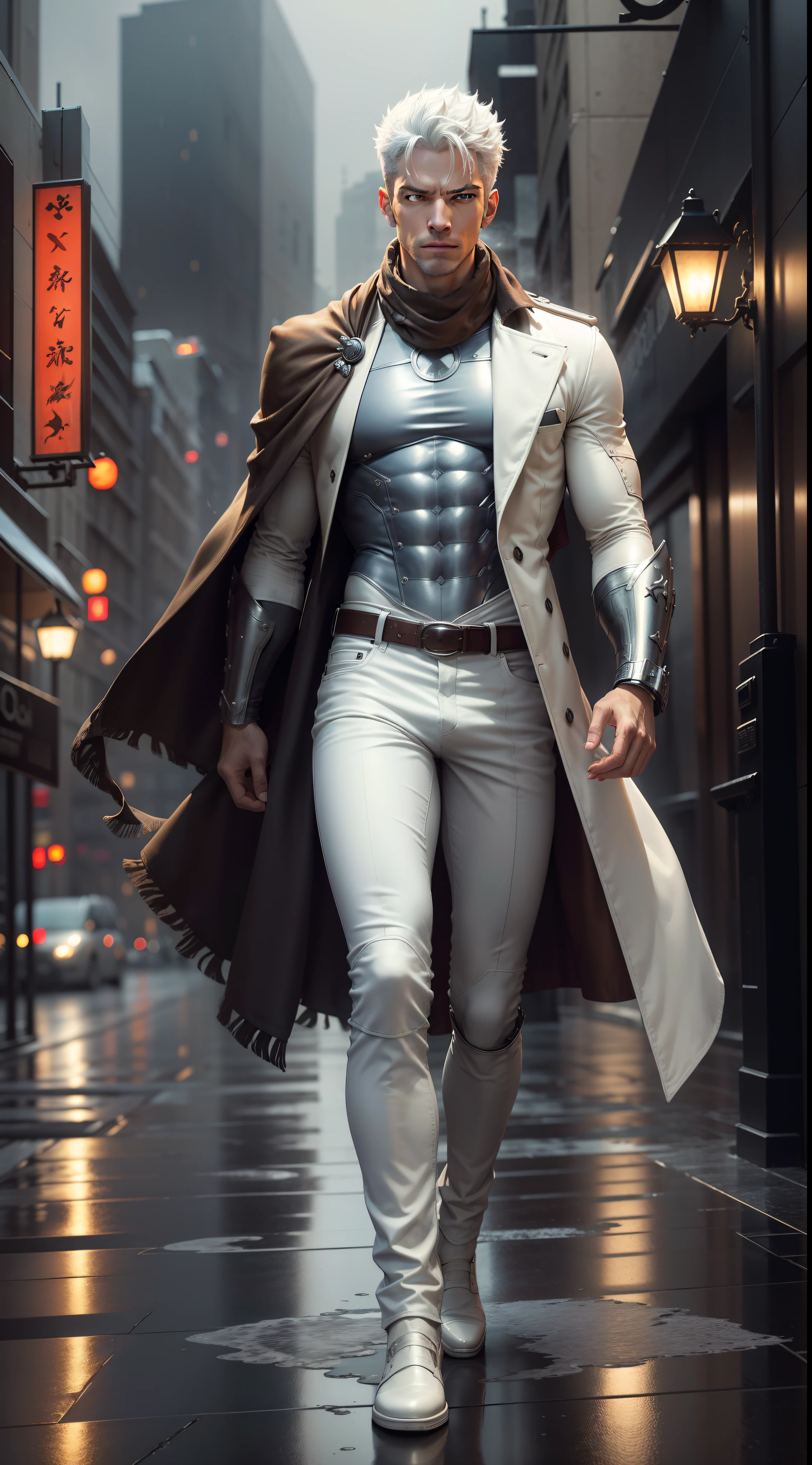 masterpiece, high resolution, extremely detailed, best quality, real light and shadow, solo, full body, Garou with white hair, cool cowhide fashion outfit, blue, handsome, pants full, detailed face, detailed eyes, scarf, jacket, arm brace, technology, rainy city, wet background, swirl, sparks, superhero landing, dark brown eyes.