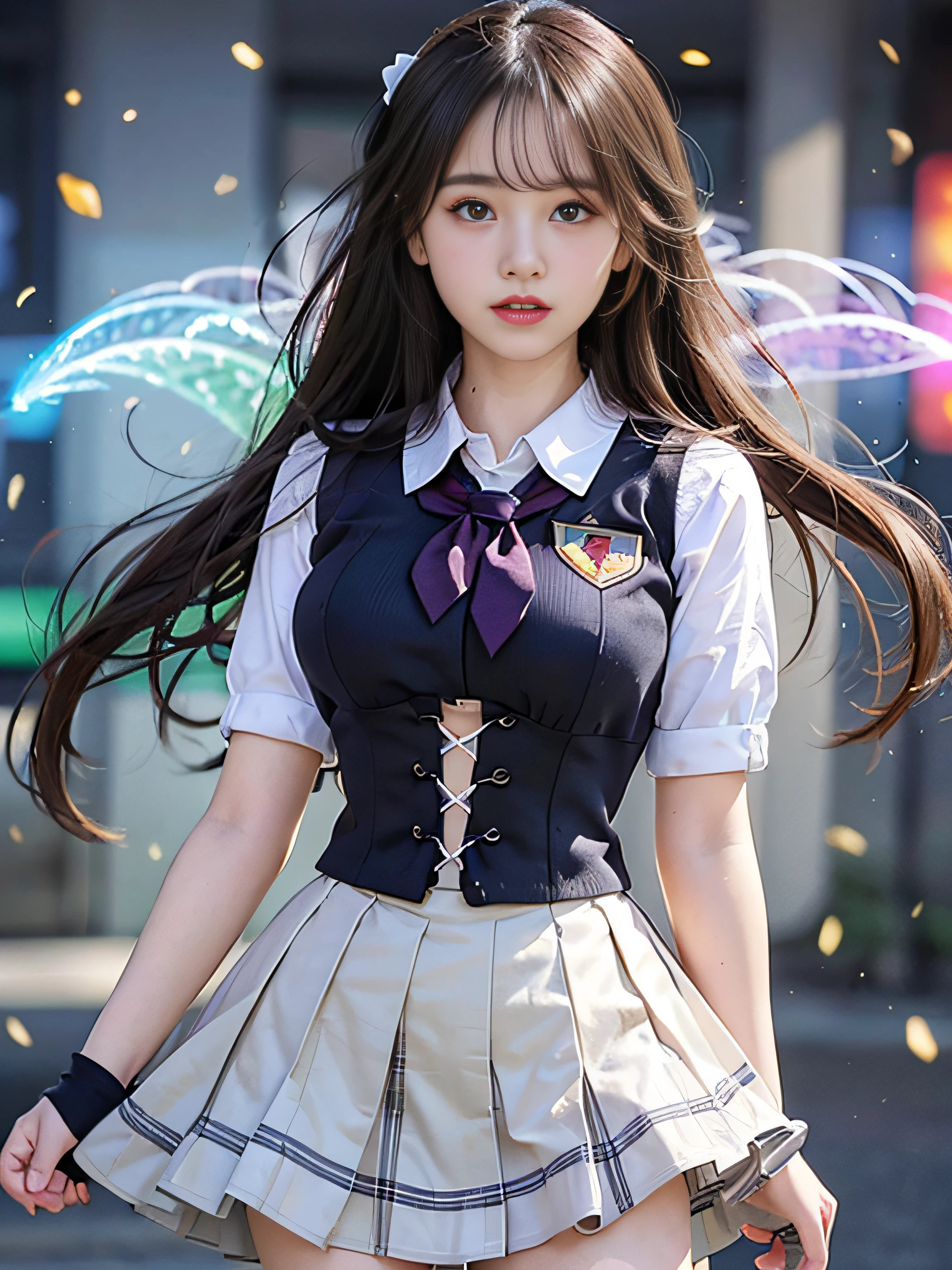 top-quality、​masterpiece、超A high resolution、(Photorealsitic:1.4)、Raw photo、Detailed CG image quality、cyberpunked、Beautiful fece、1girl in、sixteen years old, (Twin-tailed black hair:1.4), (White ribbon stopping hair), (Platinum Silver Accessories:1.4)、(White School Uniform:1.4)、(big breasts thin waist)、(Purple eyes:1.3), (radiant eyes), (Mystical powers:1.2), (Violent arc emanating from the fingers:1.4). detailed portrait、8K picture quality、bright colour、concept-art、Cinematic and dramatic atmosphere、foco nítido、Volumetric lighting、Cinematographic lighting、Wearing studio quality、(Neon lighting)、depth of fields、Ambient lighting、Blurred foreground、blurry backround:1.3、(Blue summer sky:1.4), (Midsummer sunshine:1.4),