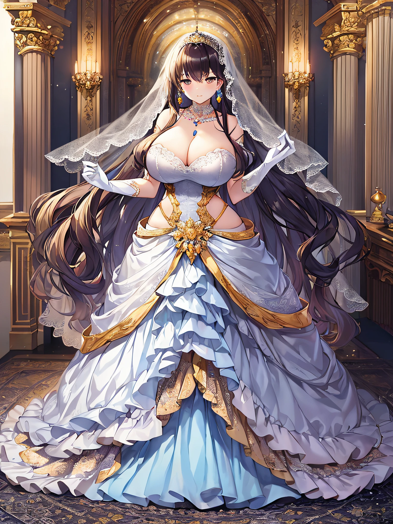 ((anime artstyle)),Best quality, Masterpiece,Solo,(full body),1 princess wearing a stately and elaborate royal wedding dress of white satin and tulle adorned with voluminous crinoline hoopskirt,(gigantic tits,Long tits,skindentation),(large amount of straight hair,extremely Long voluminous Hair),lace, frills,gorgeous embroidery and jewels, with enormous puffed sleeves, long train, long white gloves, pearl necklace and earrings,long wedding veil