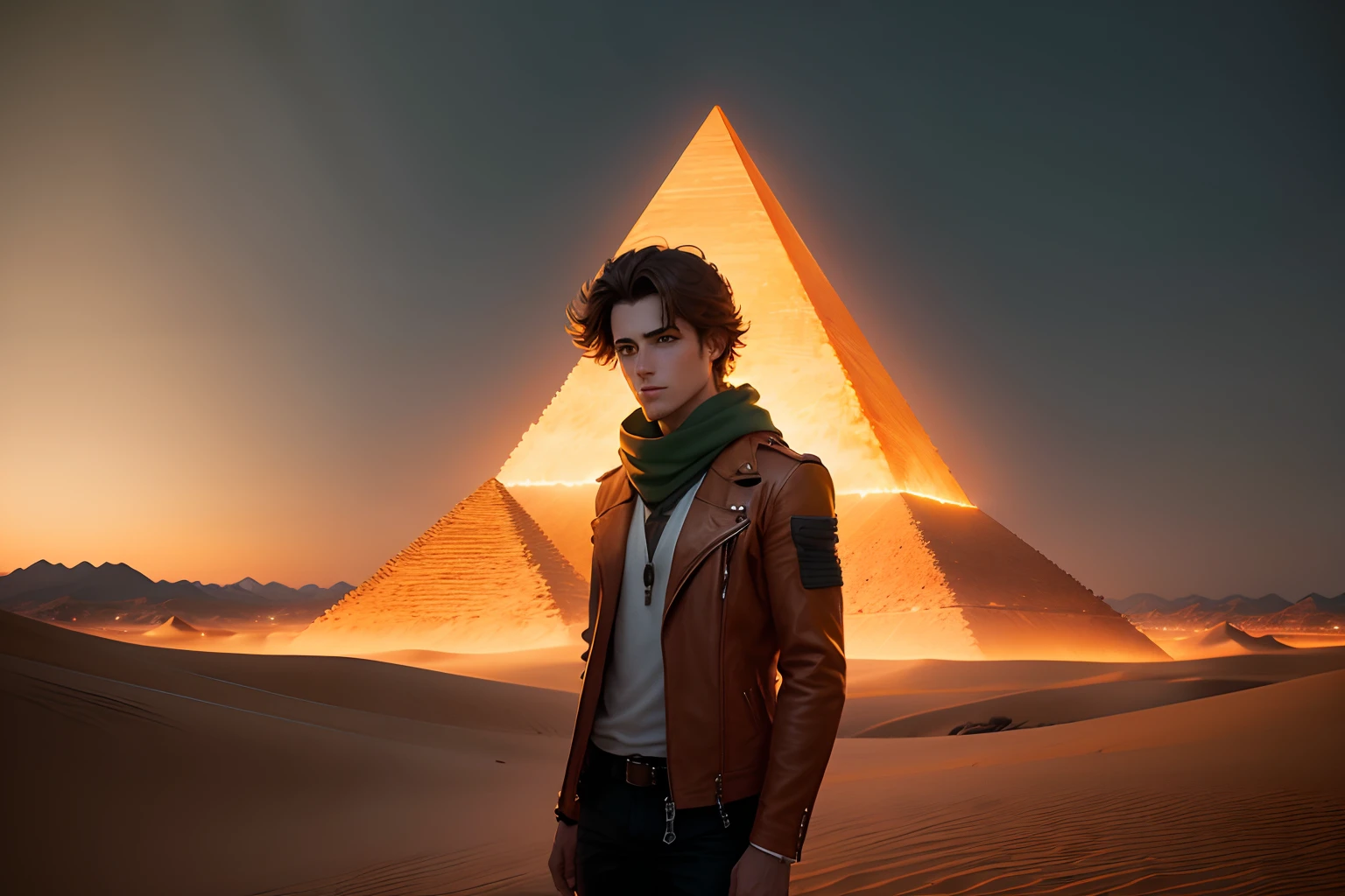 wide-angle view of Kael, a young man with brown hair and green eyes wearing a dusty leather jacket and a scarf, standing still in the golden desert with towering dunes and the fire pyramid in the horizon under the twilight sky that turns the desert into a palette of warm and magical colors. His eyes reflect the fascination and determination as he looks at the golden light from the fire pyramid that cuts through the sky, representing the start of a journey that will take him beyond what he ever dreamed of --blur 0.4 --grain 0.2 --glow 0.6
