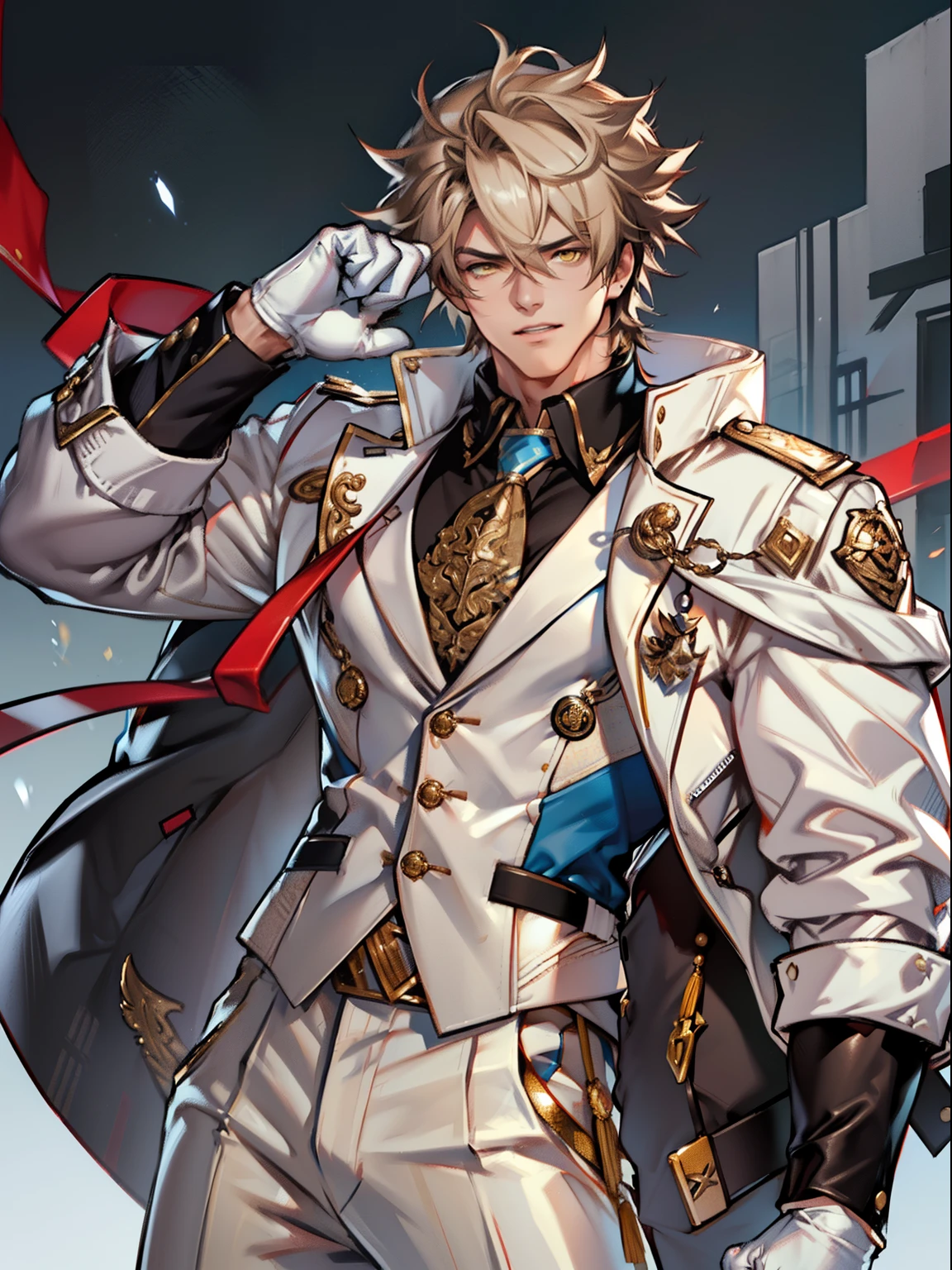tmasterpiece,Best quality at best,(Genshin Impact),mitts,Bulging muscles,(white business suit,Casual wear tie)Pectoral muscle bulge,White gloves,Abs,malefocus,1boy,White gloves,独奏,Brown hair,Yellow eyes,blue capelet,hair between eye,((Bulging crotch)),Sexy,(Masterpiece, Best quality),(white business suit),self-assured,having fun,big laughter,white pantie, stand-up collared shirt, tiese, waistcoat, Open thickened glossy white leather jacket, Eight-pack abs, White leather mobile phone gloves, White trousers, Leather belt, spreading long thin legs, The erection,Masturbation,