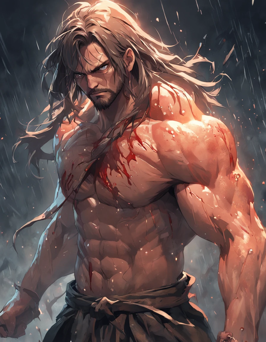 (professional 3d render:1.3) af (Realistic:1.3) The most beautiful artistic photo in the world,soft features, Smart male hero, ((Epic hero fantasy rough muscular man wet hero angry looks long hair, Intense expression of short beard and dynamic pose, Fantastic location, Majestic and cluttered environment)), Full body 8K unit rendering, action shot, skin pore, very dark lighting, heavy shading, A detailed, Detal Face, (vibration, Realistic photography, Realistic, Dramatic, darkly, foco nítido, 8K), (Old leather clothing damaged due to bad weather:1.4), ((((Use skins)))), (复杂:1.4), decadent, (highly detailed:1.4), digitial painting, rendering by octane, art stations, concept-art, Liso, foco nítido, illustration, From the budding of art, (loish:0.23), wlop ilya kuvshinov, e Greg Rutkowski e Alphonse Mucha Gracias, (global ilumination, studiolight, Amount of light), very heavy rain, Floating particles, lotr, fanciful, biz, Inteiroesbian body, ((Dark and ancient city background:1.3)),CGSesocieda,art stations,Covered in blood and wounds