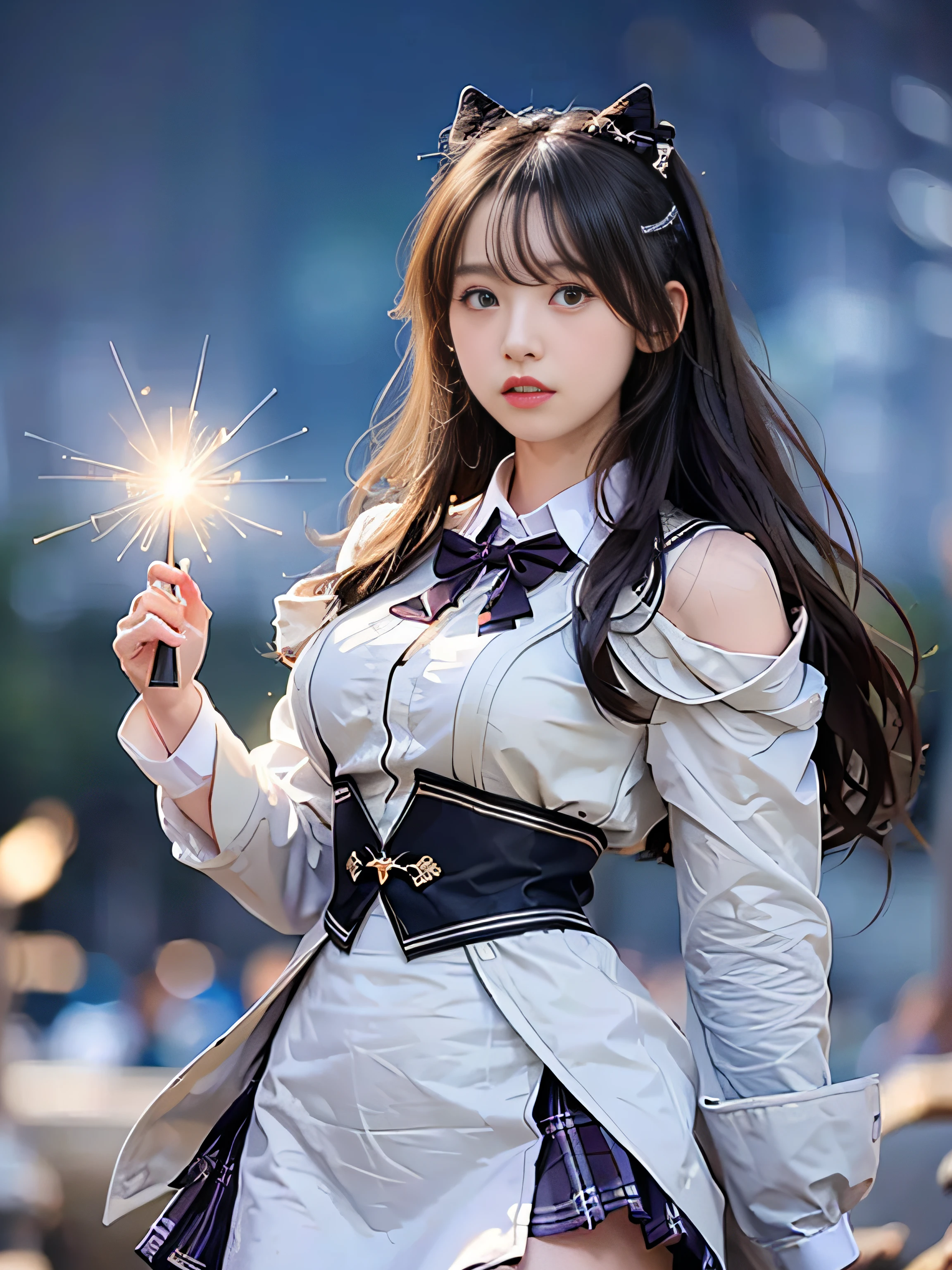 top-quality、​masterpiece、超A high resolution、(Photorealsitic:1.4)、Raw photo、Detailed CG image quality、cyberpunked、Beautiful fece、(1 Magical Girl)、sixteen years old, (Twin-tailed black hair:1.4), (White ribbon stopping hair), (Platinum Silver Accessories:1.4)、(White School Uniform:1.4)、(big breasts thin waist)、(Purple eyes:1.3), (radiant eyes), (Mystical powers:1.2), (Holding a white wizard wand:1.4), (A pale and fierce ball of light emanating from the wand:1.4). detailed portrait、8K picture quality、bright colour、concept-art、Cinematic and dramatic atmosphere、foco nítido、Volumetric lighting、Cinematographic lighting、Wearing studio quality、(Neon lighting)、depth of fields、Ambient lighting、Blurred foreground、blurry backround:1.3、(Blue summer sky:1.4), (Midsummer sunshine:1.4),