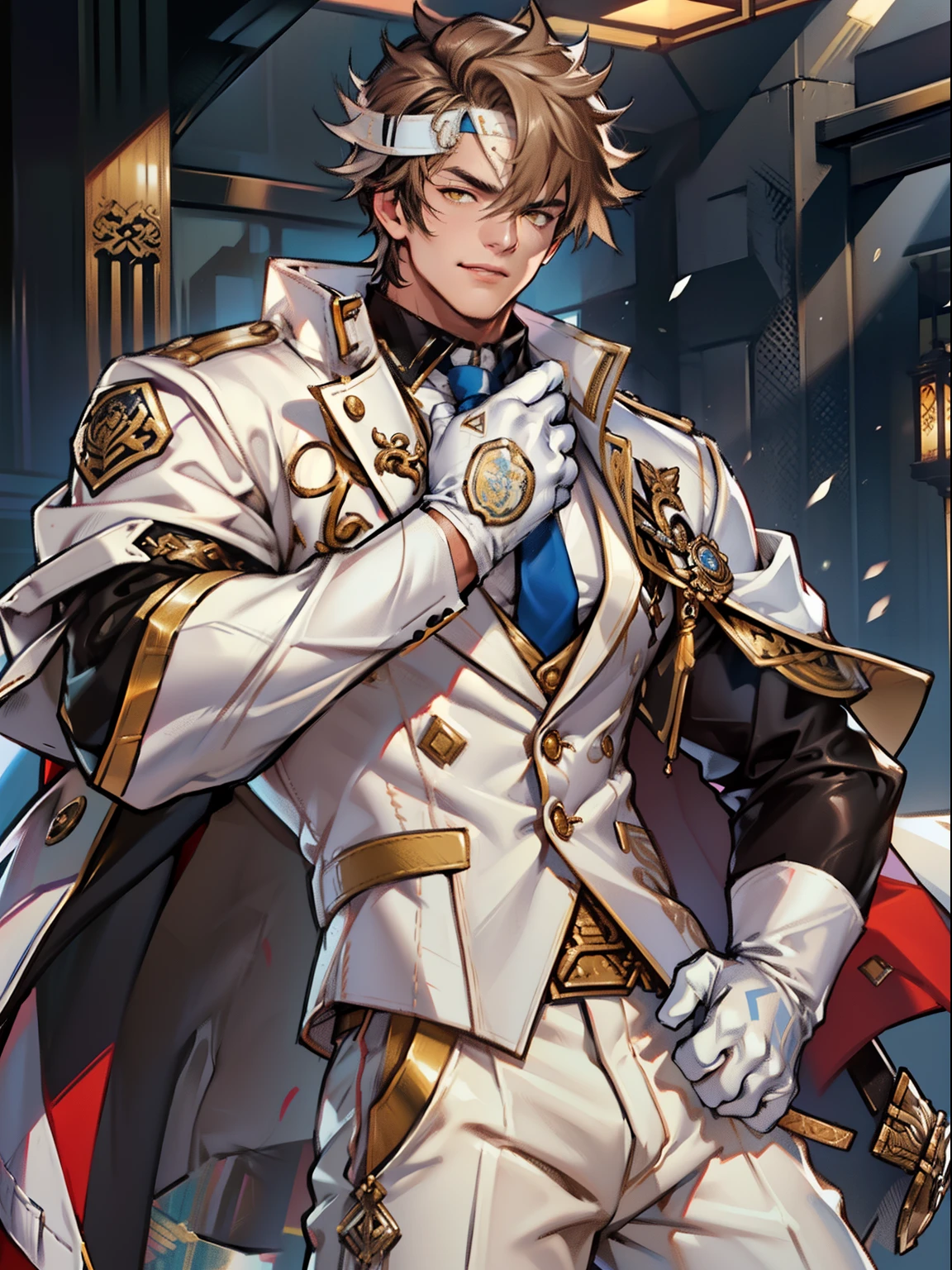 tmasterpiece,Best quality at best,(Genshin Impact),mitts,Bulging muscles,(white business suit,Casual wear tie)Pectoral muscle bulge,White gloves,Abs,malefocus,1boy,White gloves,独奏,Brown hair,Yellow eyes,blue capelet,hair between eye,((Bulging crotch)),Sexy,(Masterpiece, Best quality),(white business suit),self-assured,having fun,big laughter,white pantie, stand-up collared shirt, tiese, waistcoat, Open thickened glossy white leather jacket, Eight-pack abs, White leather mobile phone gloves, White trousers, Leather belt, spreading long thin legs, The erection,Masturbation,